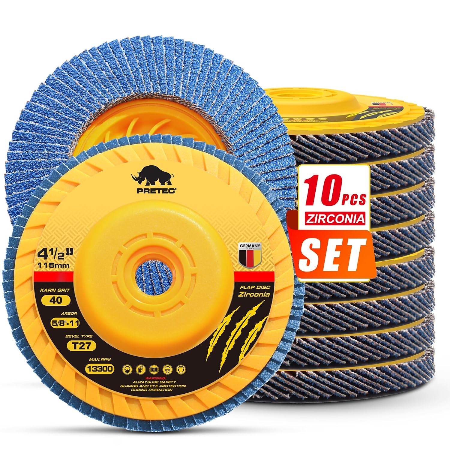 PRETEC 10 Pack of 4 1/2″ x 7/8″ Type 27 Zirconia Flap Discs, 40 Grit for Grindin