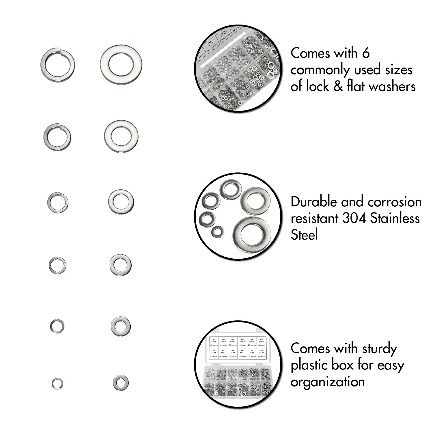 Split Lock and Flat Washer Assortment Set 304 Stainless Steel 400 Piece Silver