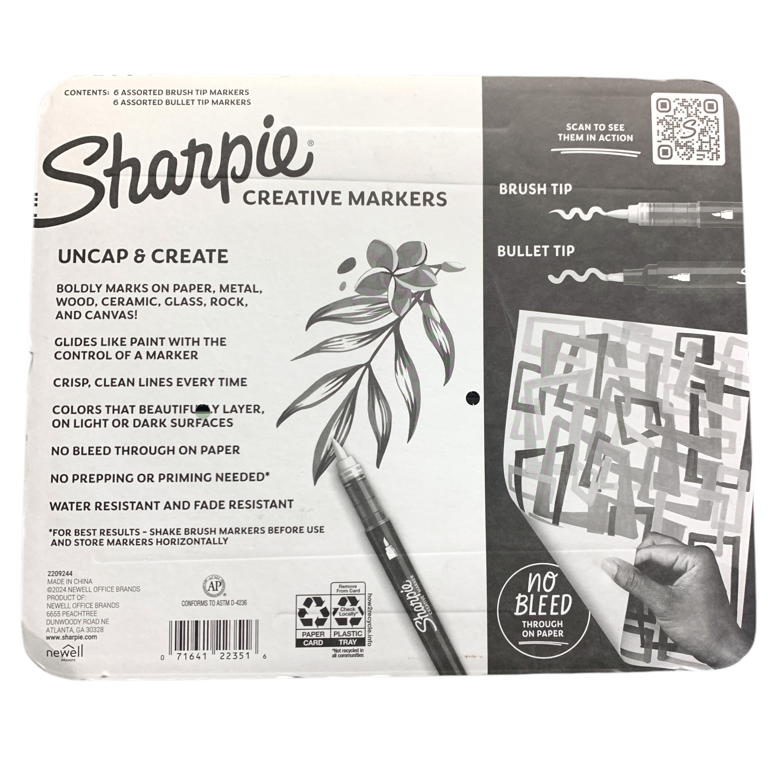 Sharpie Creative Markers 12-Pack, 6 Brush Tip & 6 Bullet Tip Acrylic Markers