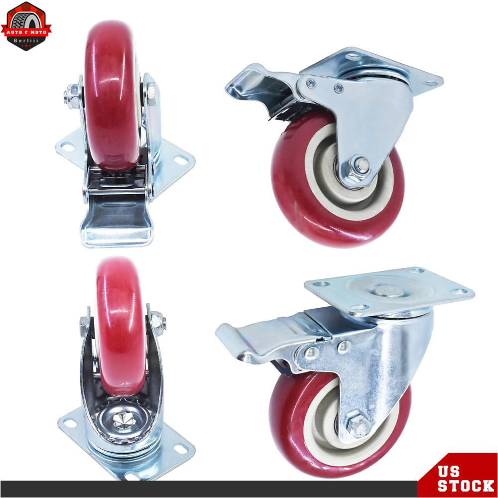 4 × Heavy Duty Caster Set 4″ Wheels All Swivel All Brake Casters Non Skid