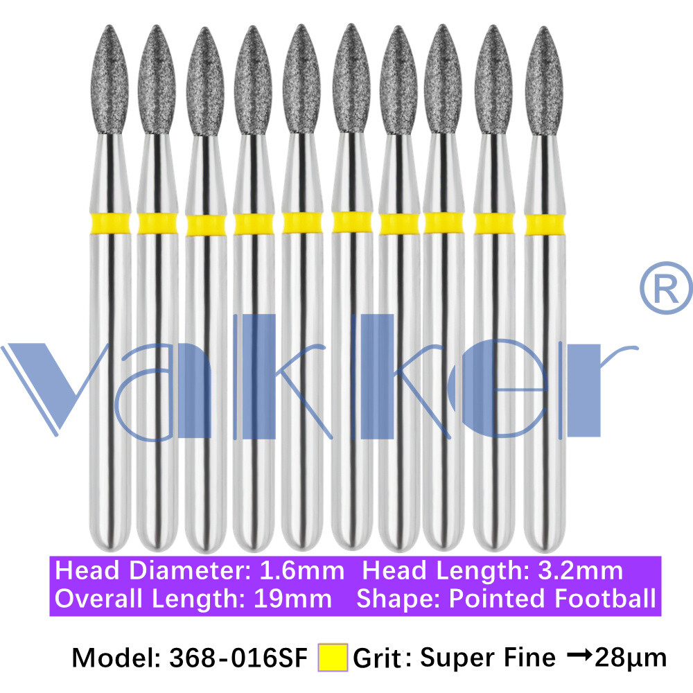 10/Pk Vakker Dental Football Diamond Burs 368-016SF Friction Grip Super Fine