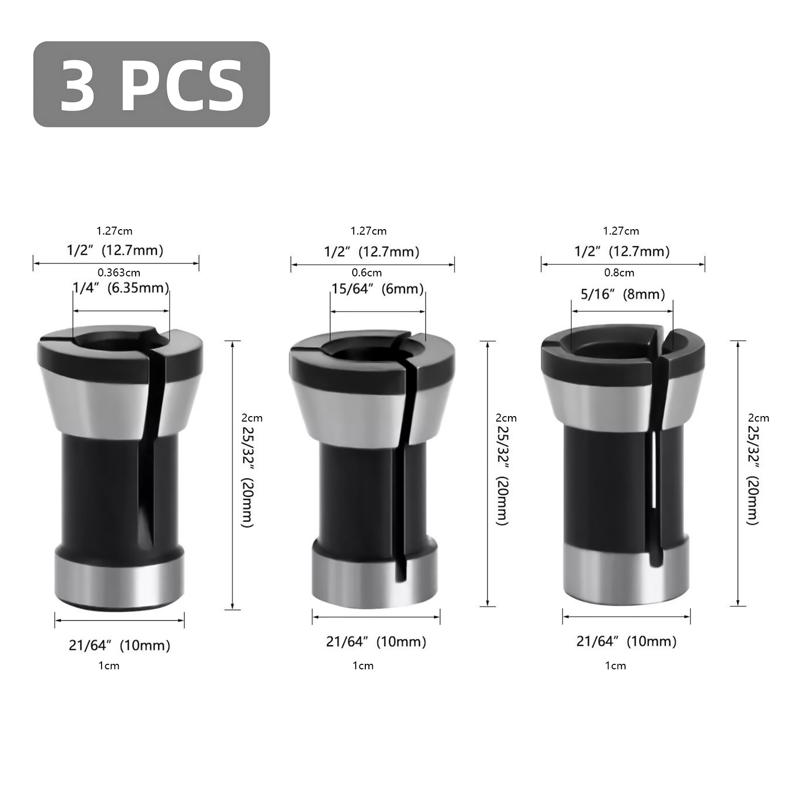 Premium Material 3pcs Router Bit Collet Chuck Clamping Adapter for CNC Engraving