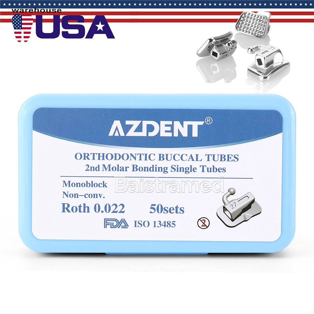 50Set AZDENT Dental Orthodontic Buccal Tube 2nd Roth.022 Molar Bondable Non-Conv