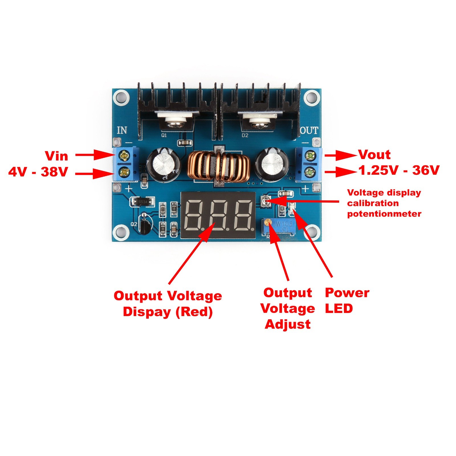 4V-38V to 1.3V-36V 8A Step Down Buck Power Supply Module w/ Voltmeter XL4016 US