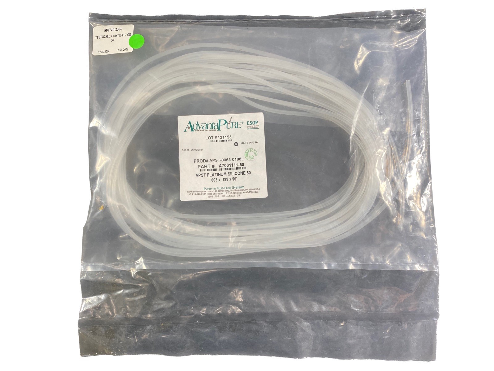 ADVANTAPURE PST Platinum Silicone Tubing 1/16in ID x 0.188in OD A7001111-50 50ft