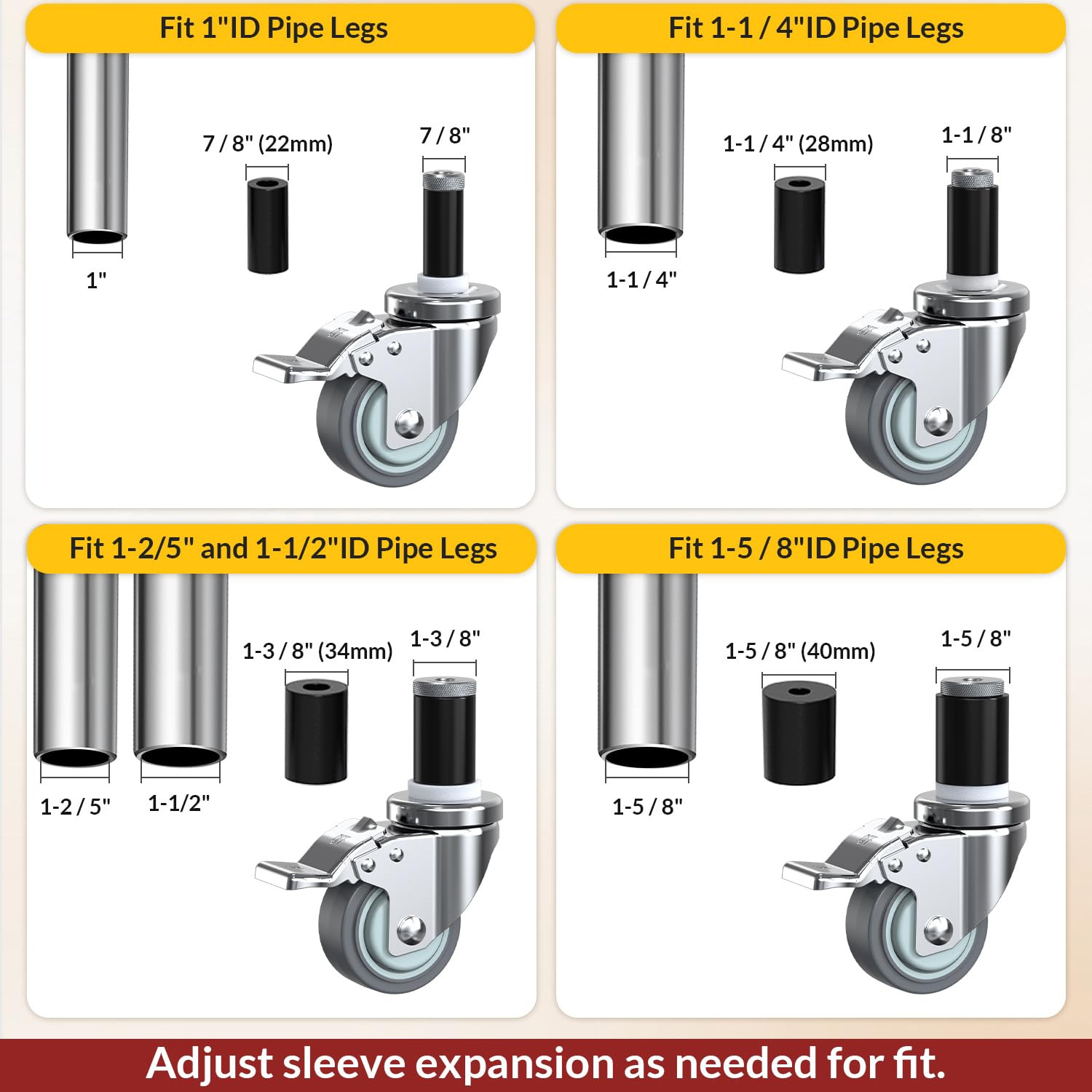 Caster Wheels Locking 3 Inch Expanding Stem Casters, Threaded Swivel Casters Set