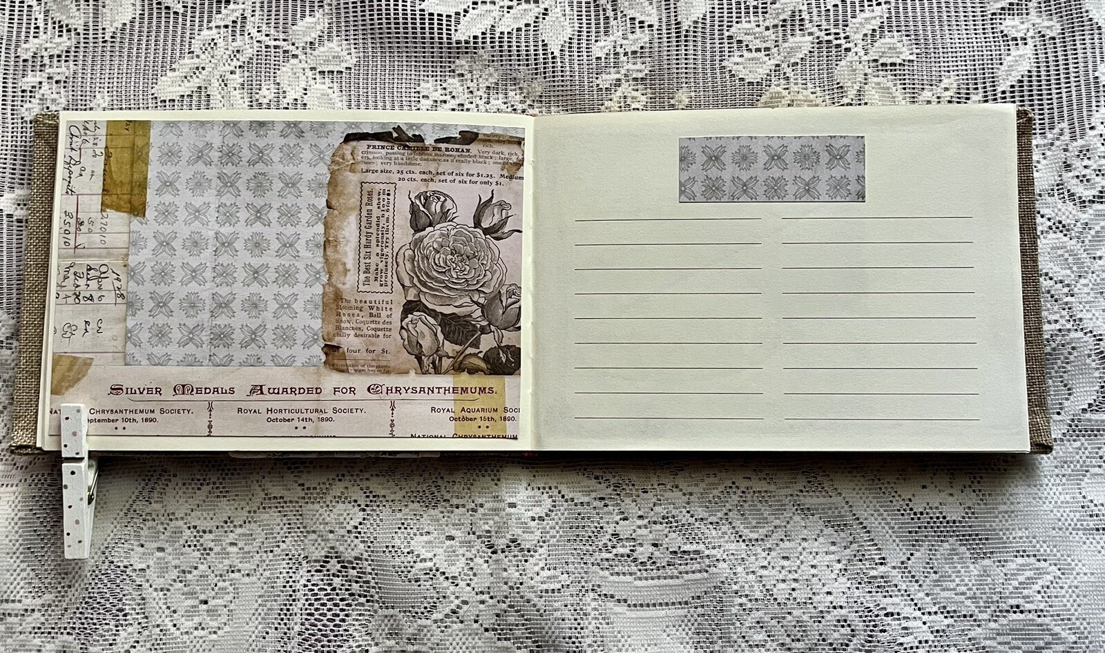 junk journal hand made canvas lace raffia bow 6 1/2 x 9 1/4 in. approx 80 pgs.