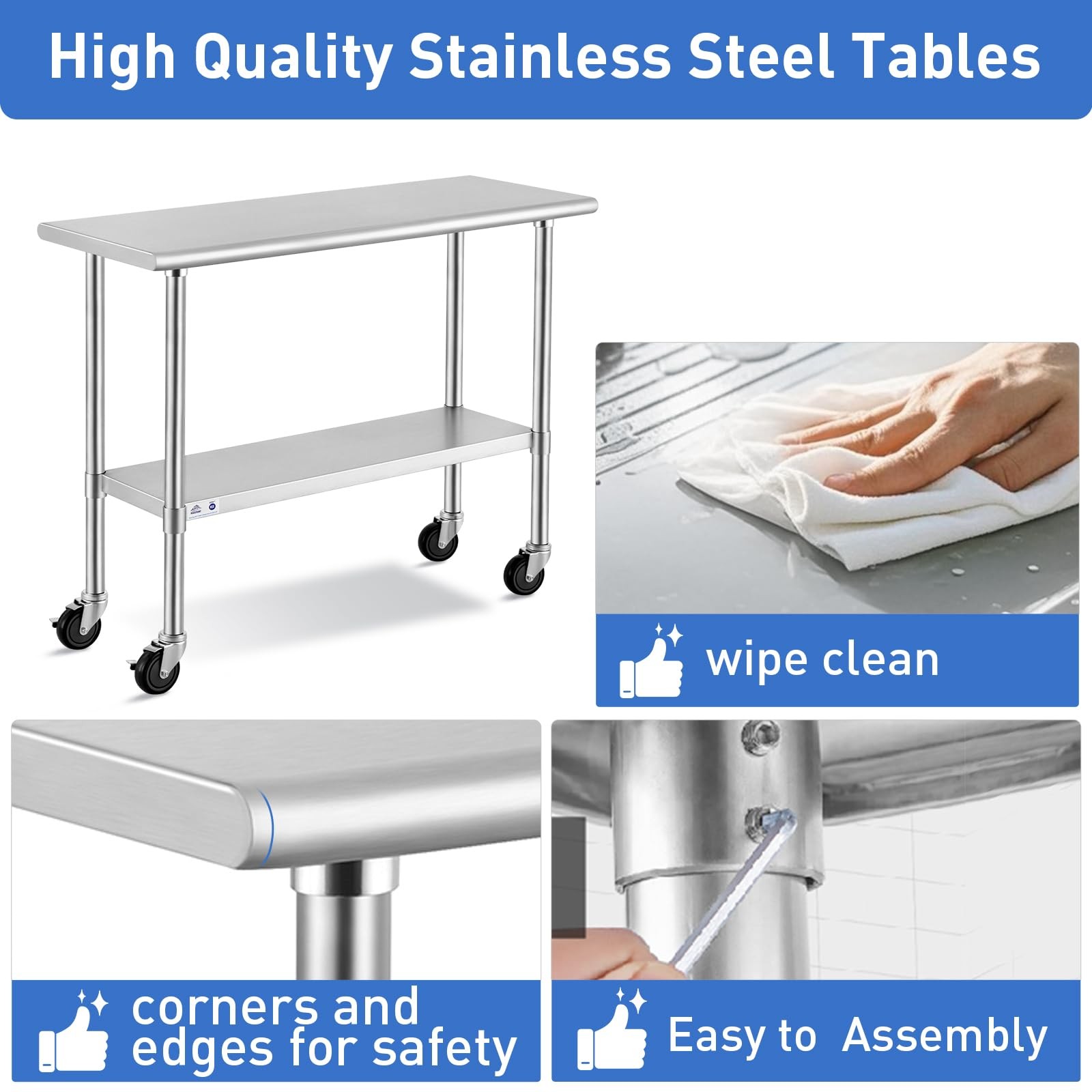 ROCKPOINT Stainless Steel Table for Prep & Work with Caster 30×24 Inches, NSF Me
