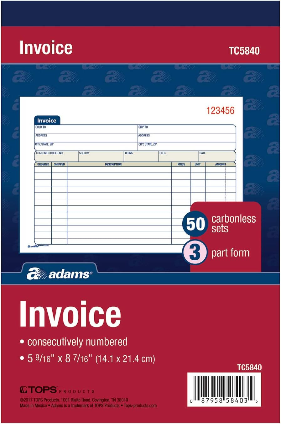 Invoice Book, 3-Part, Carbonless, 5.56 X 8.44 Inch, 50 Sets per Book, Whi