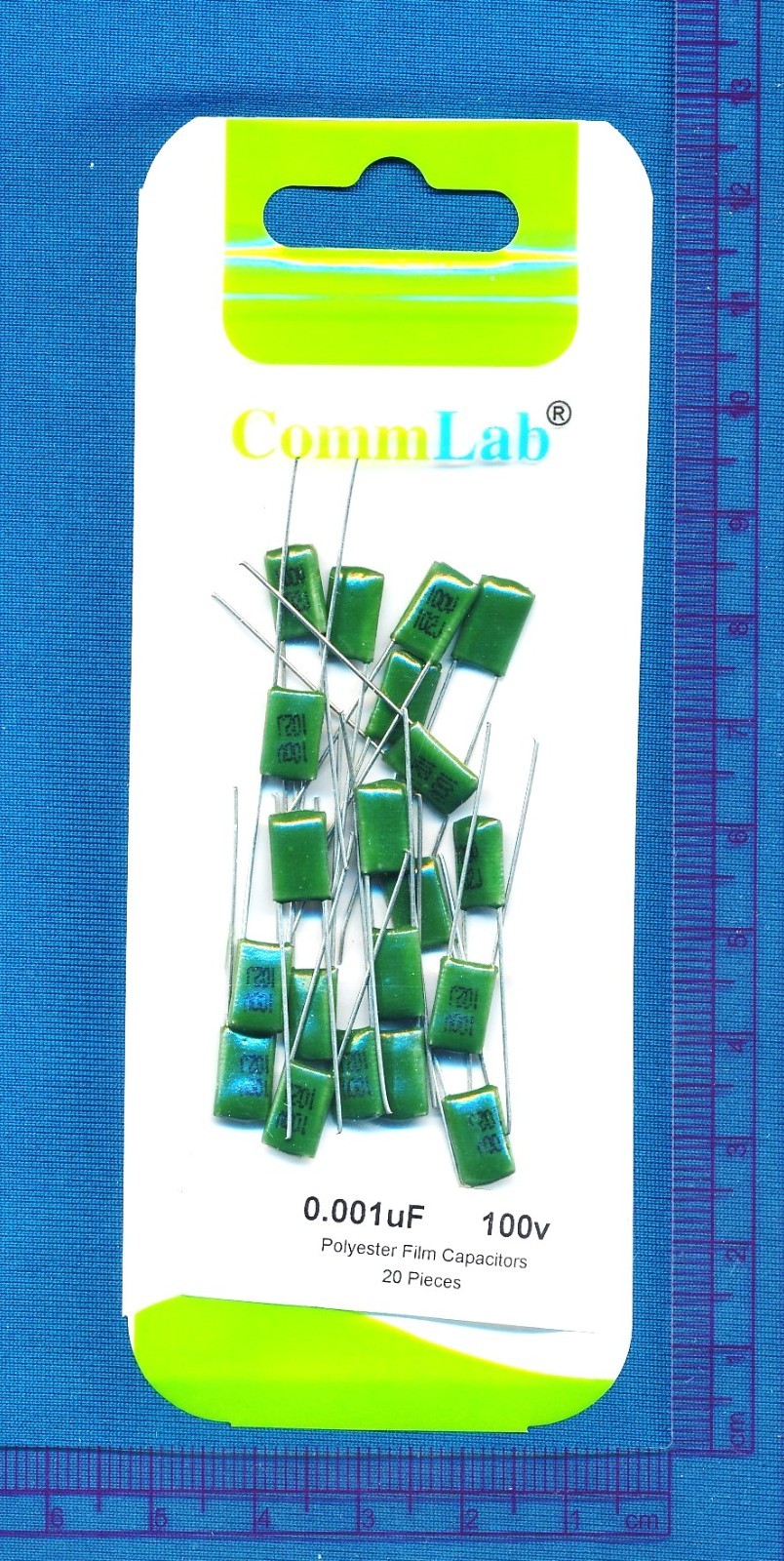 20 pack COMMLAB 0.001uF 100V Radial Polyester Film Capacitors 5% .001 uF 2A102J