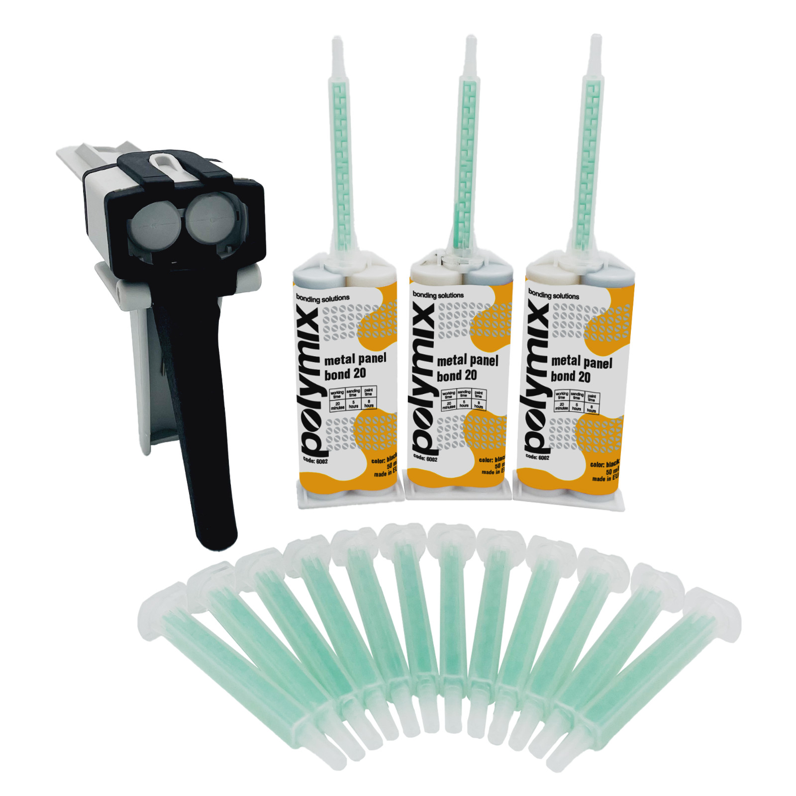 Polymix Metal Panel Bond 20 Min Tube Kit – 3 x 50ml Tubes, 12 Mixing Tips & Gun