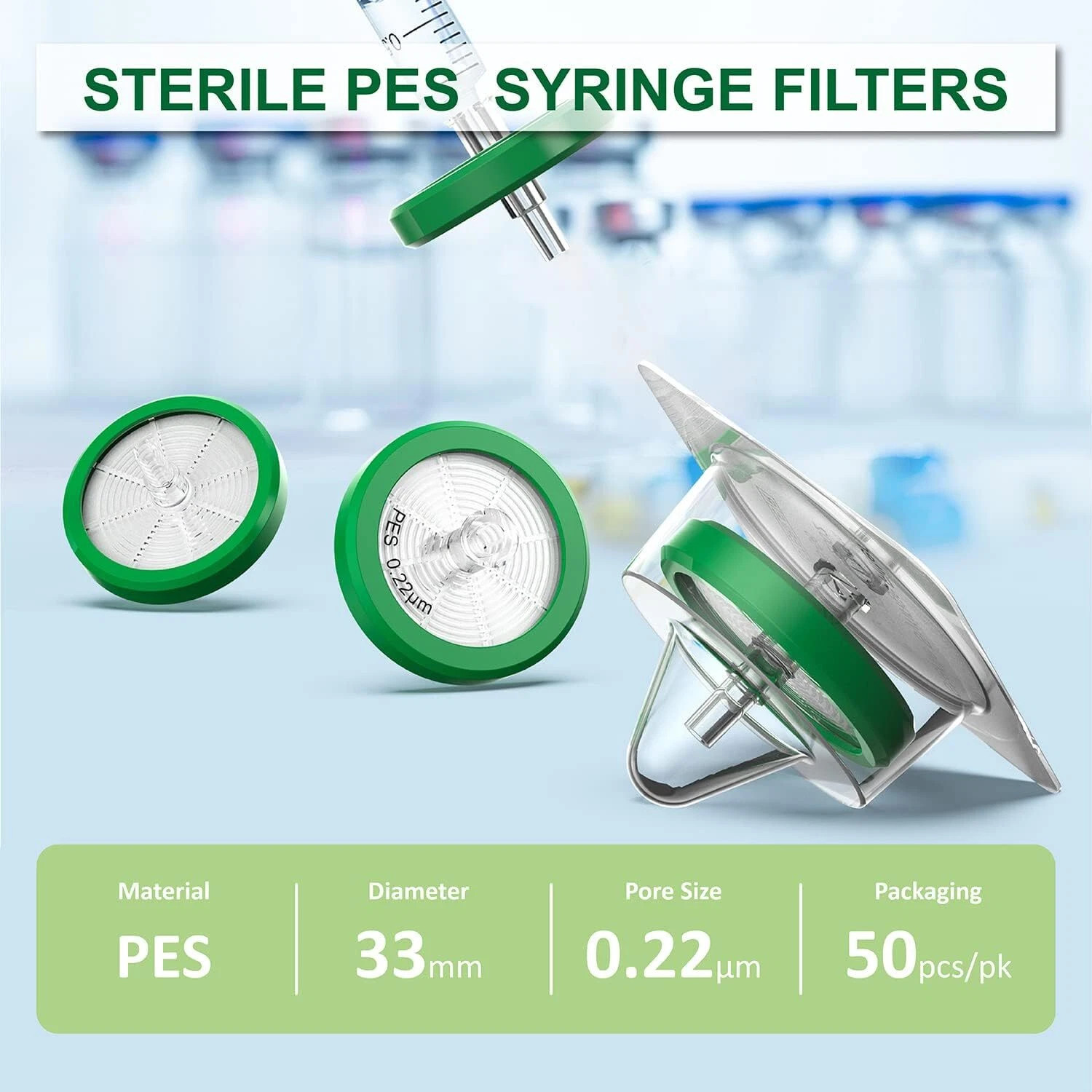 100pcs Lab PES STERILE Syringe Filter 33mm Diameter 0.22μm Pore Size Hydrophilic