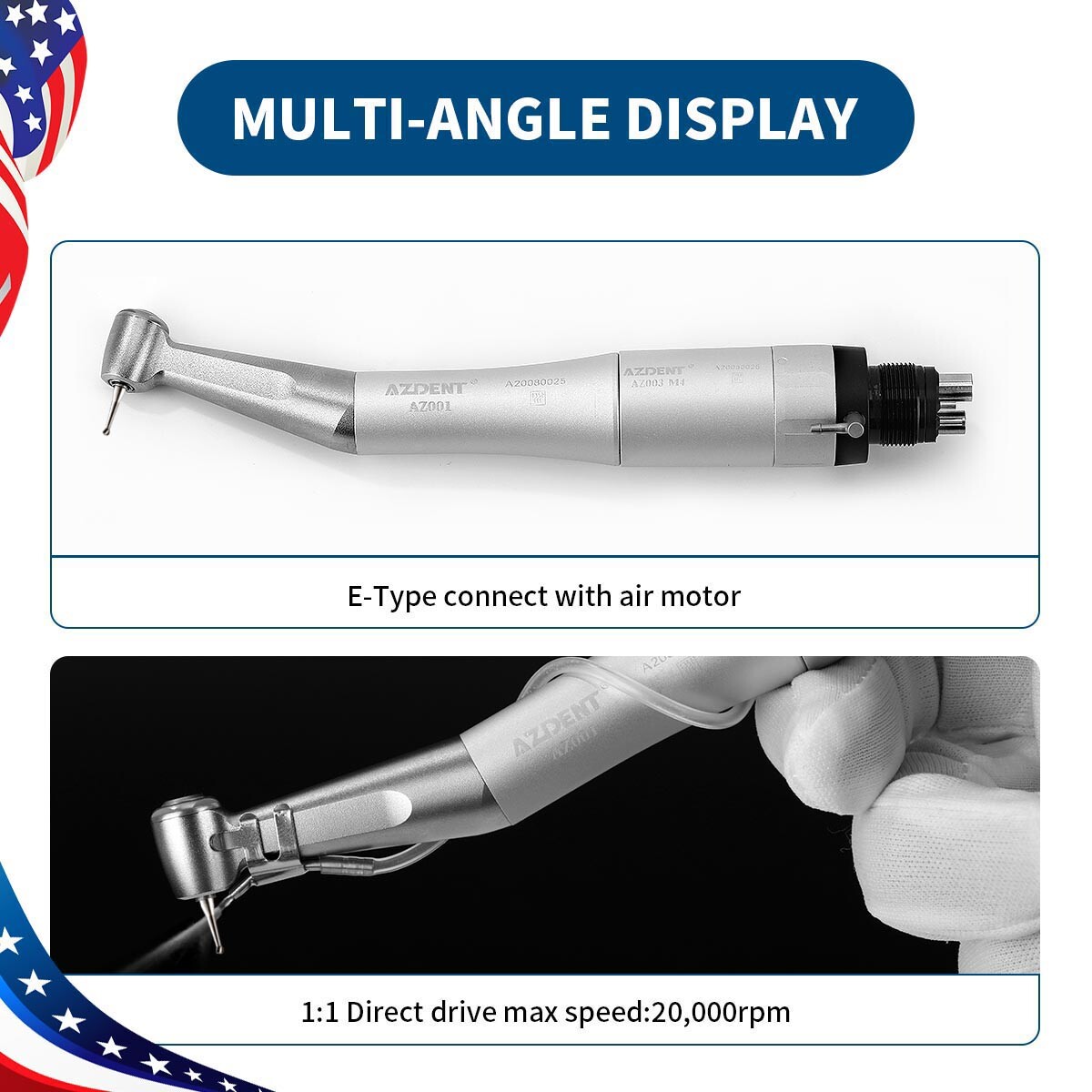 US 5X AZDENT Dental Low Speed Push button Contra Angle Handpiece