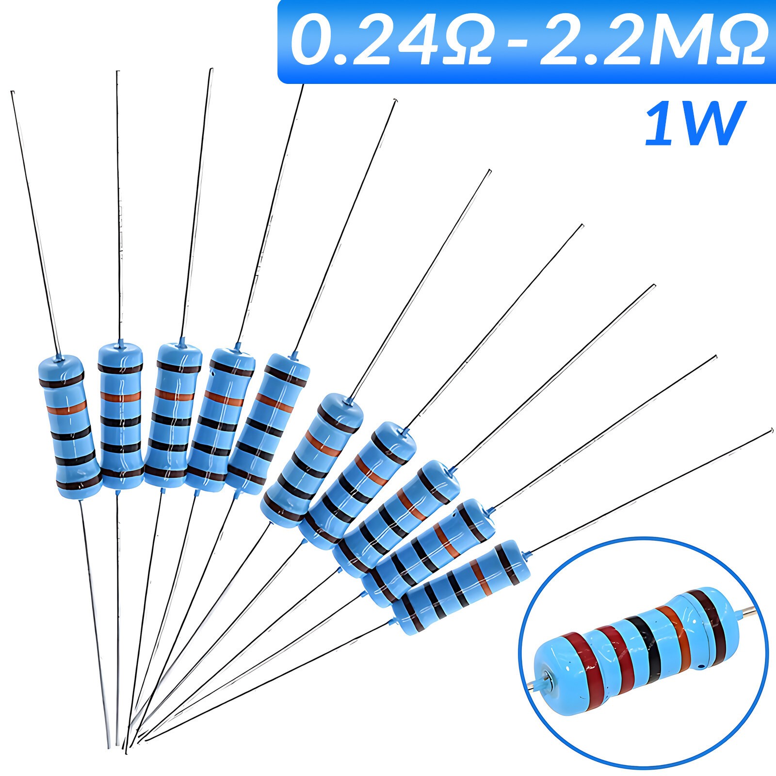 1 Watt Big Power Resistors Metal film 1% 0.24 Ohm-2.2M Ohm Full Range of Values