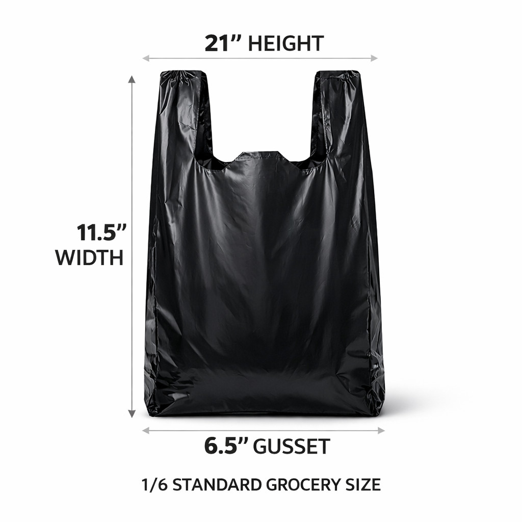 Extra Heavy Duty Black T-Shirt Bags 1/6 Size 21×6.5×11.5 1.18 Mil Grocery Bags