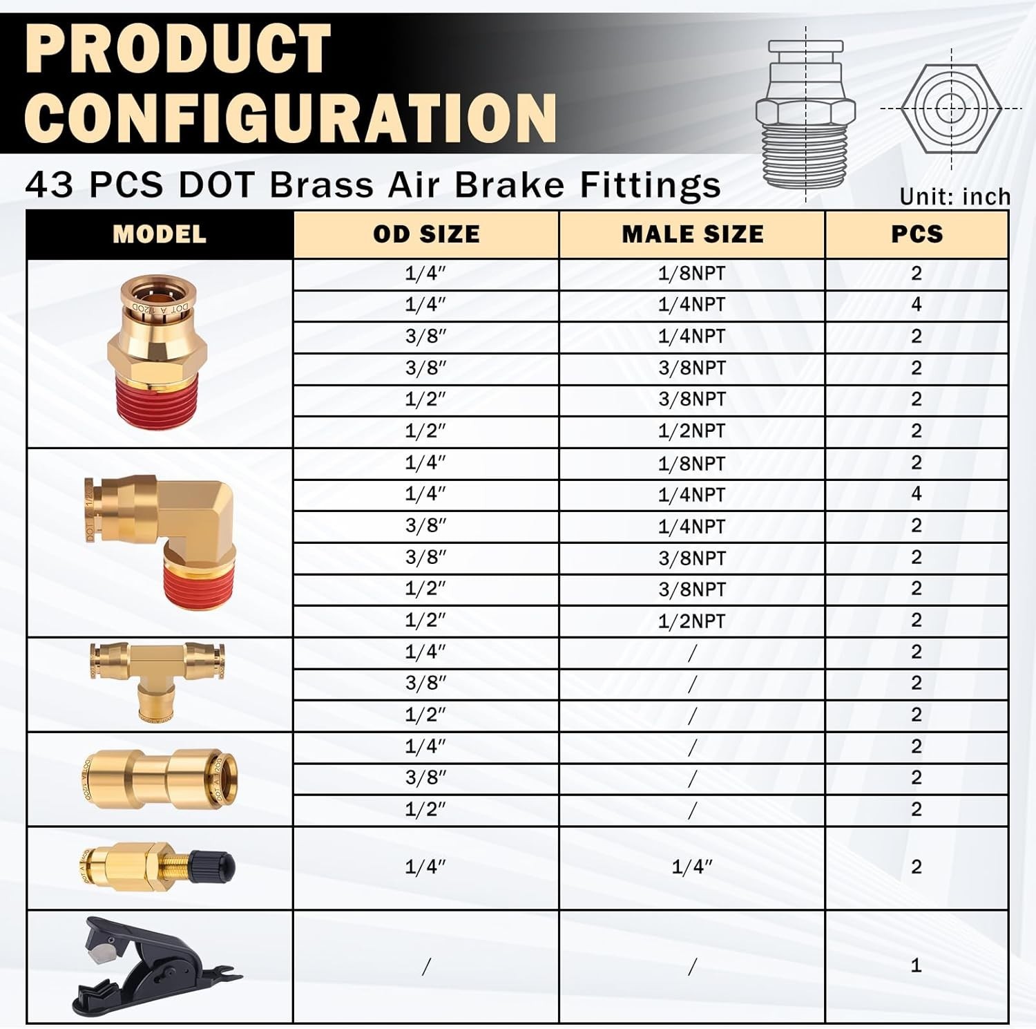 43 PCS Brass DOT Air Brake Line Fittings 1/4″ 3/8″ 1/2″ Push to Connect Fittings