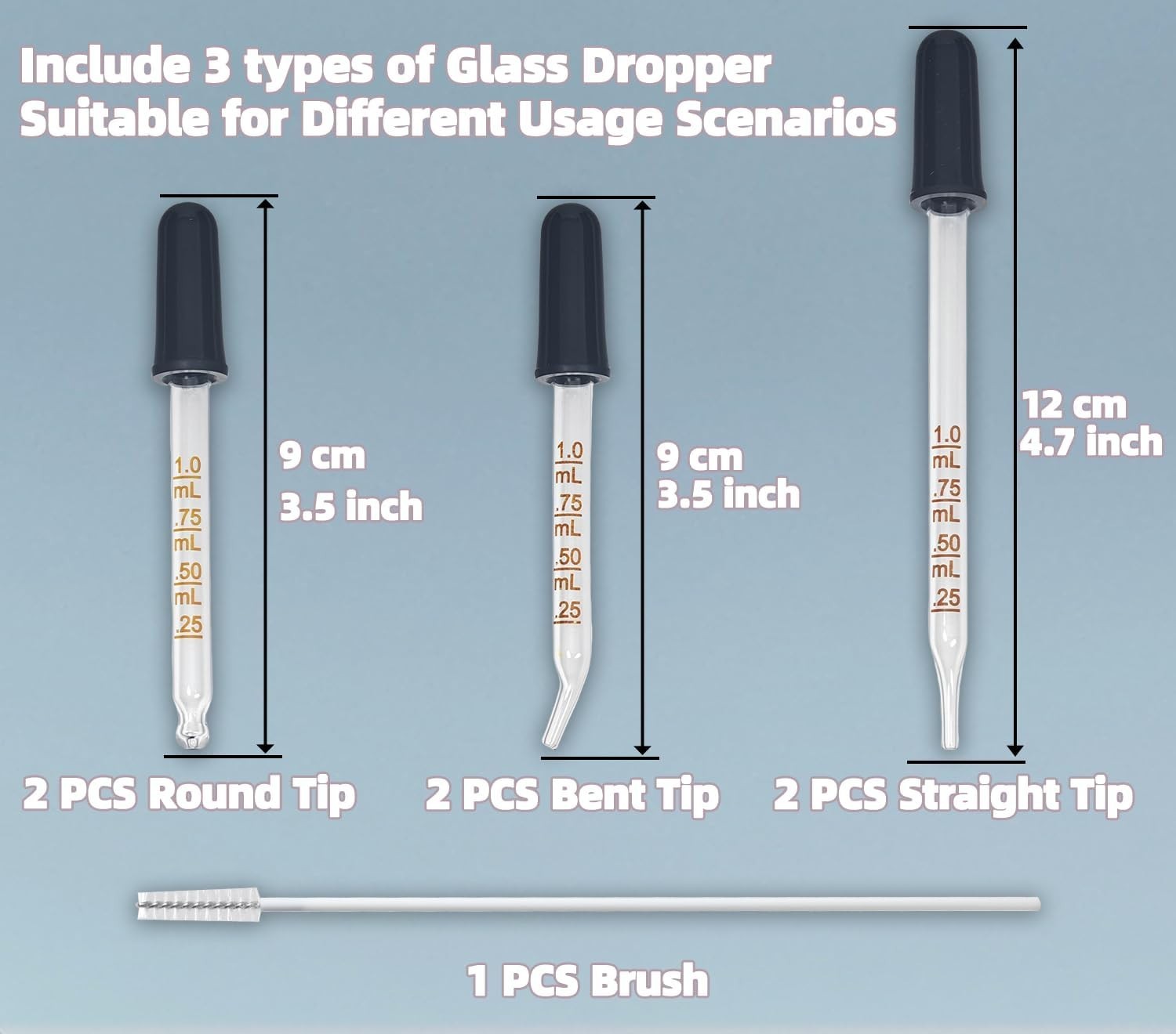 6 Pack Glass Pipette Dropper with Brush – Bent & Straight Tips 1 ml Eye Droppers