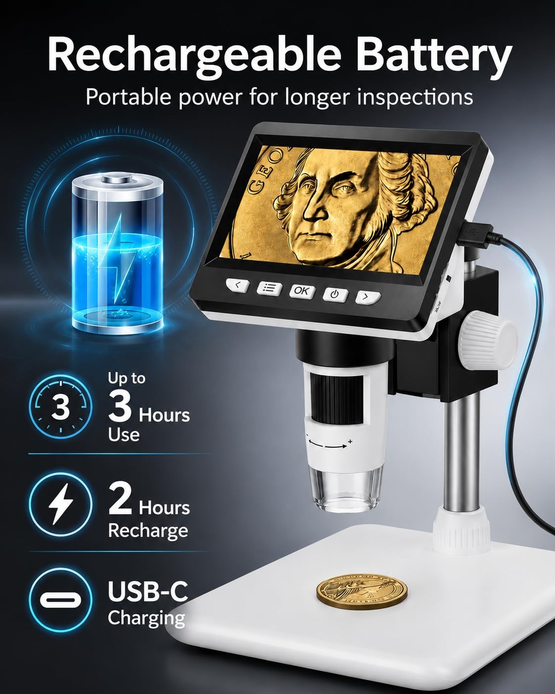 Digital Coin Microscope 1000X For Error Coins W/ 8 LED Lights PC View 4.3″