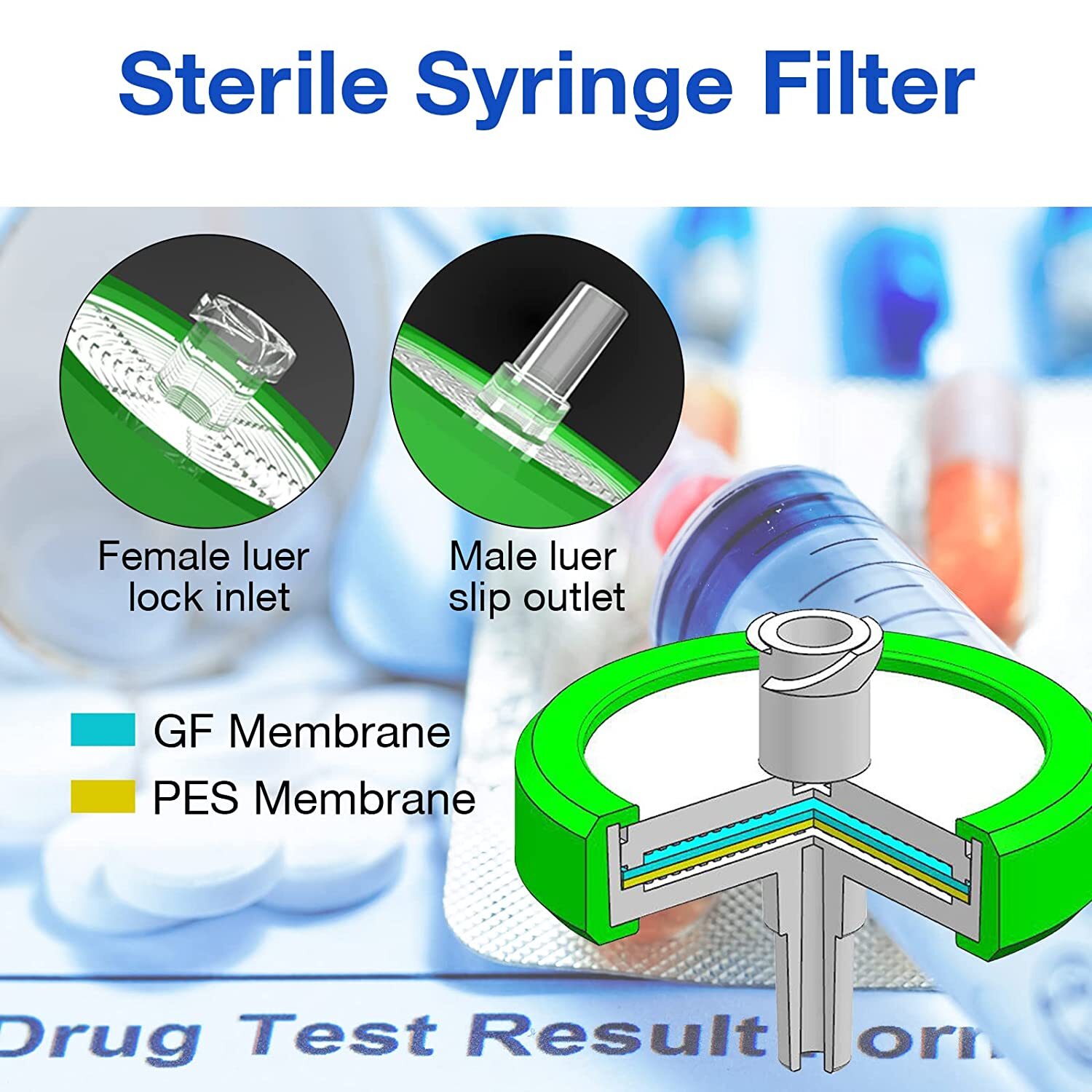50Pcs PES Membrane Syringe Filter Sterile Lab Hydrophilic 33mm 0.22µm Individual