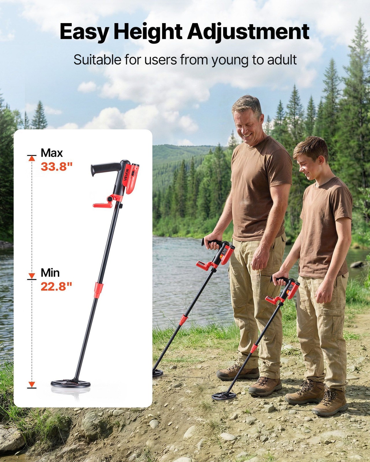 IP68 Waterproof 6″ Metal Detector: 5.8kHz, TN LCD, 22.8-33.8″ Adjustable Handle