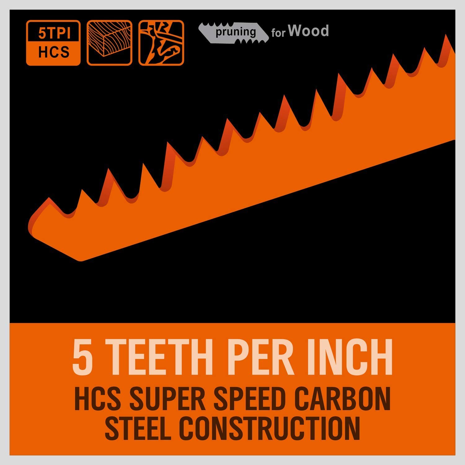 5-Pack 12-Inch Wood Pruning Reciprocating Saw Blades, 5TPI HCS Carbon Orange