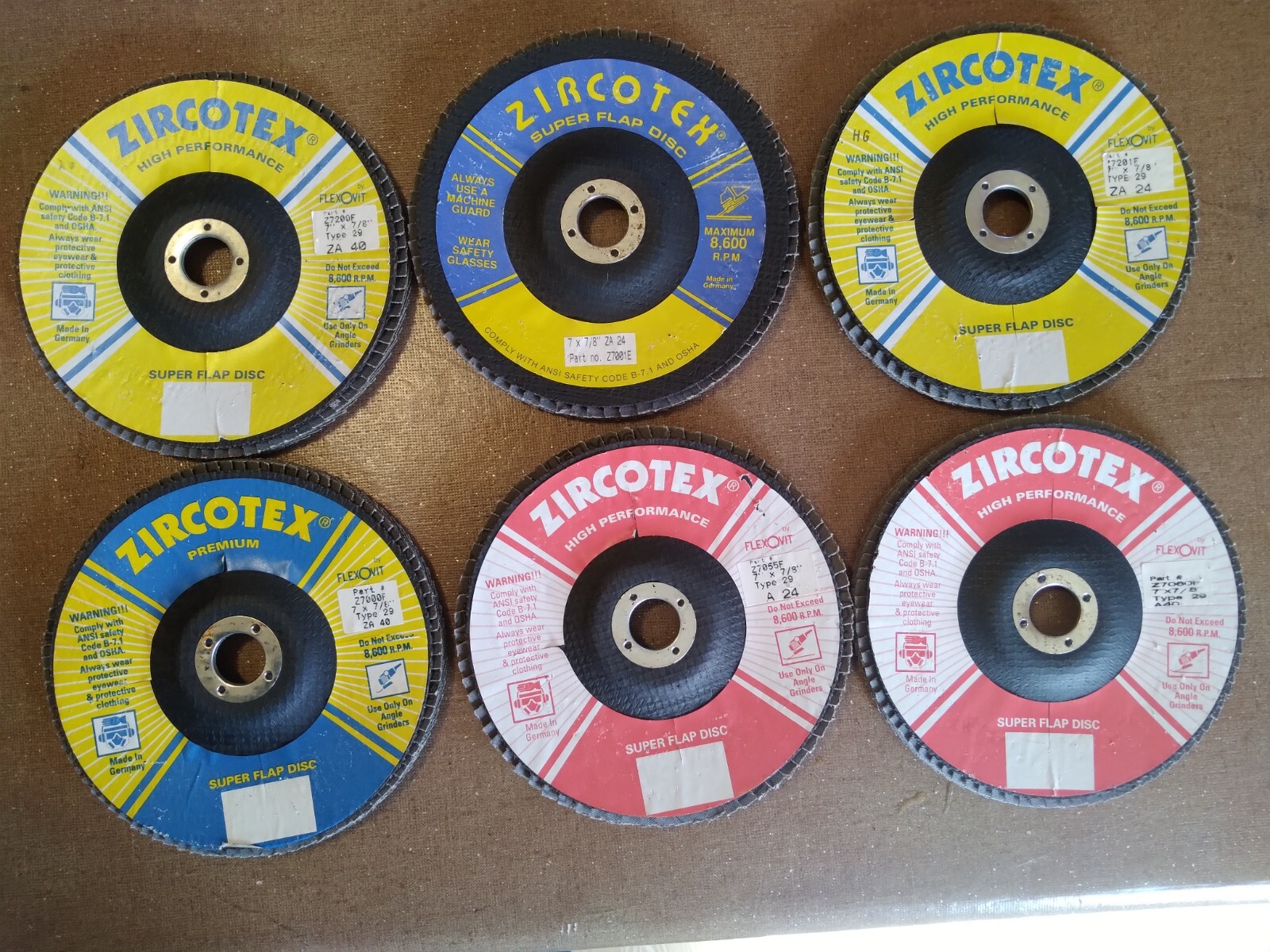 6 pieces 7″ X 7/8″ ZIRCOTEX Super Abrasive Flap Discs assorted
