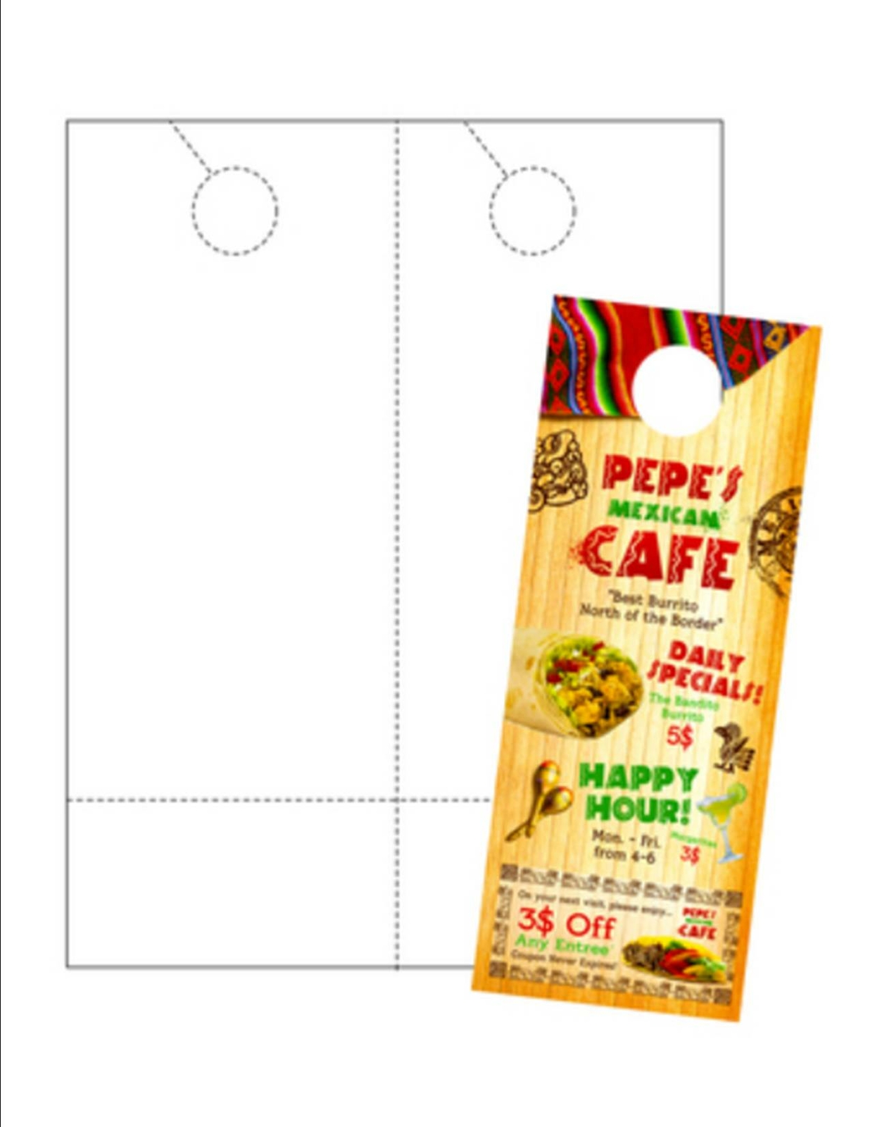 Blank Door Hanger w Coupon (No-Tear), 2-UP on 8.5″x 11″ Wh 8-Mil Paper – 25 Shts