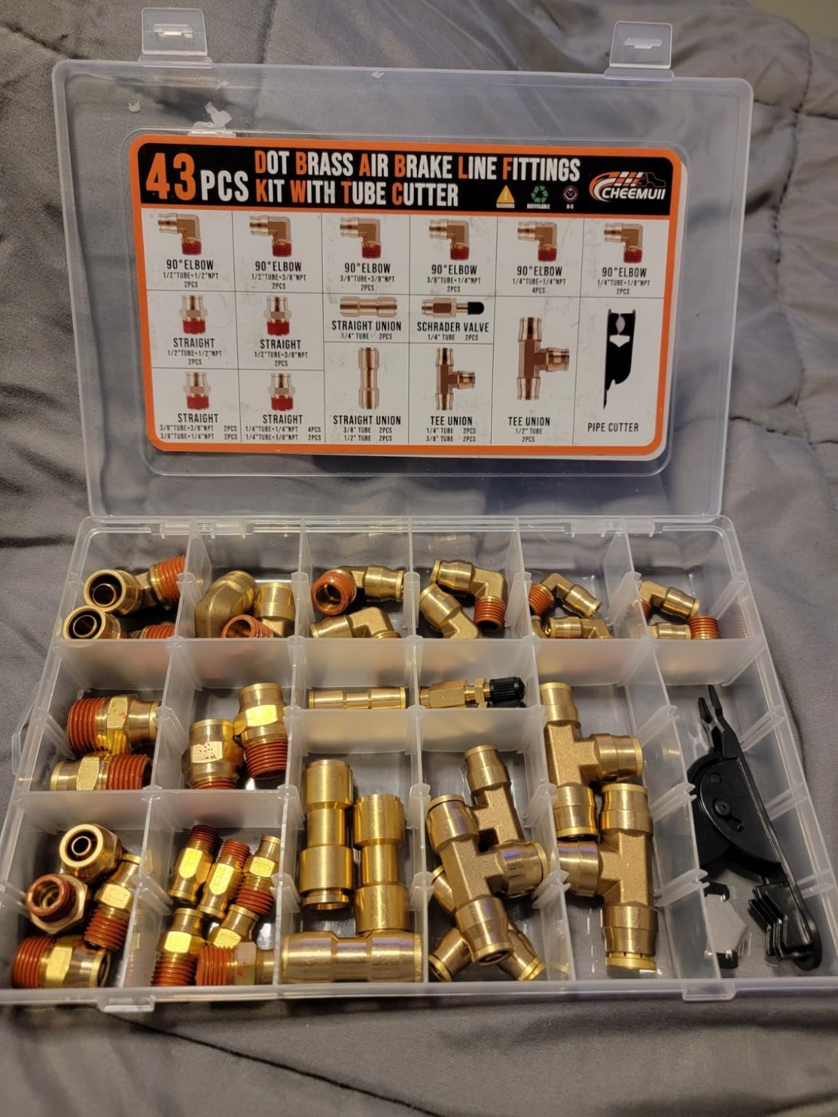 43 PCS Brass DOT Air Brake Line Fittings 1/4″ 3/8″ 1/2″ Push to Connect Fittings