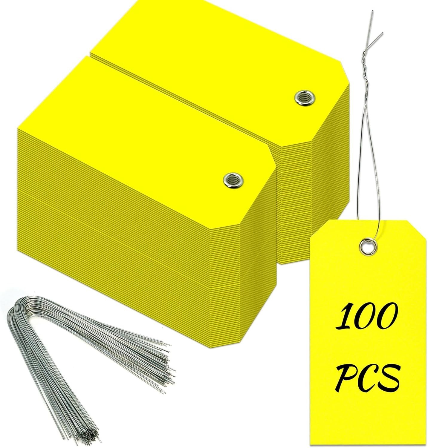 100Pcs Yellow Plastic Shipping Tags with Wire Waterproof ID Inventory Labels