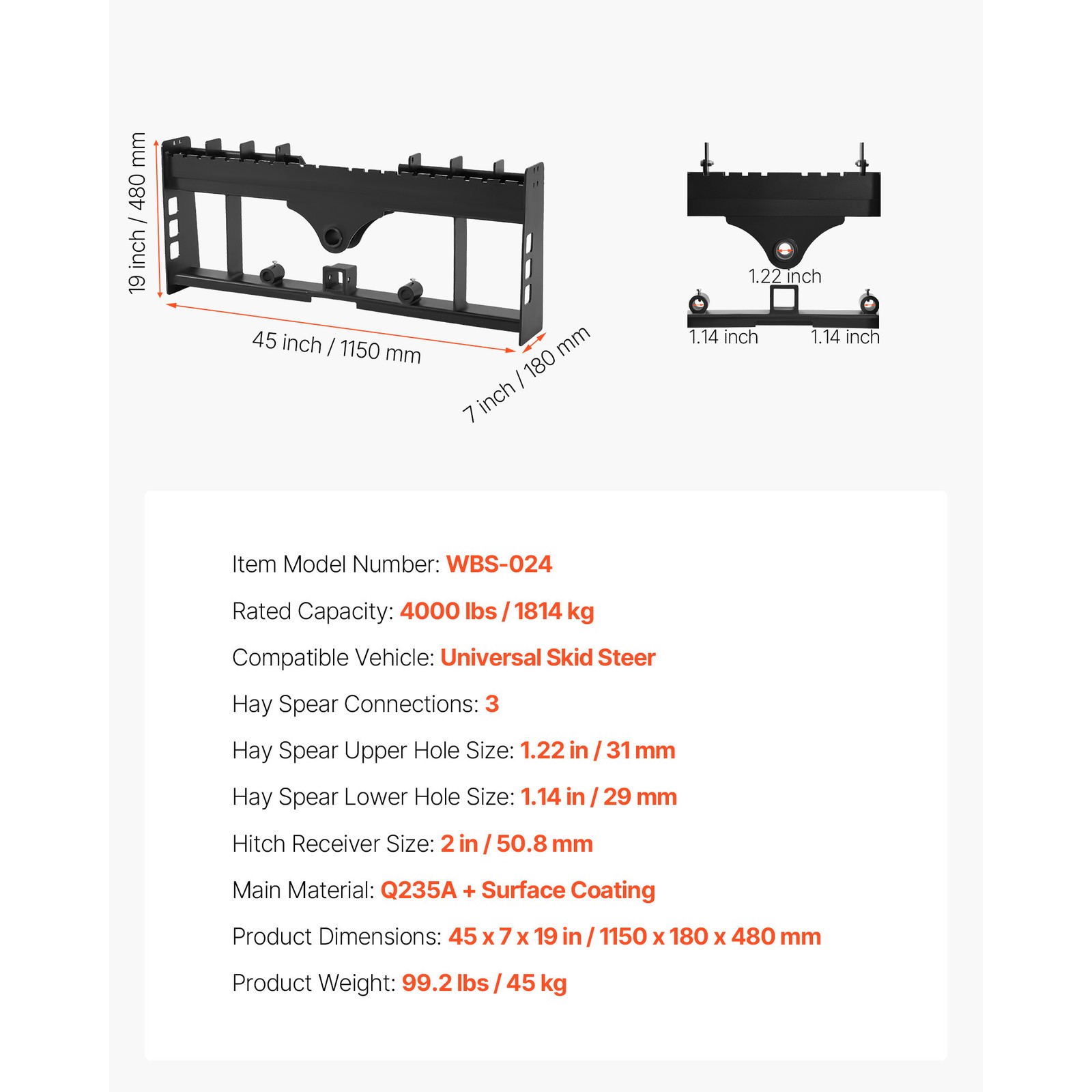Uimoso 45″ Skid Steer Pallet Frame with Hitch Receiver and Spear Sleeves 4000lbs