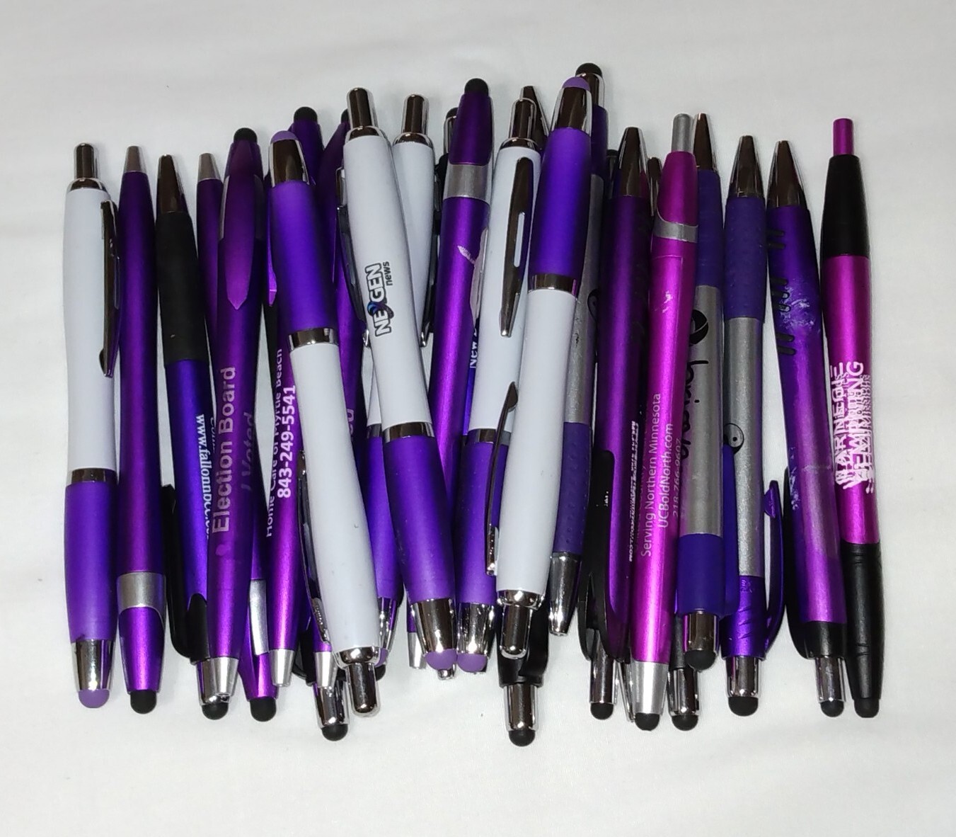 30ct Mixed Lot Misprint Retractable Click Pens w/Stylus: PURPLE/ VIOLET/LAVENDER