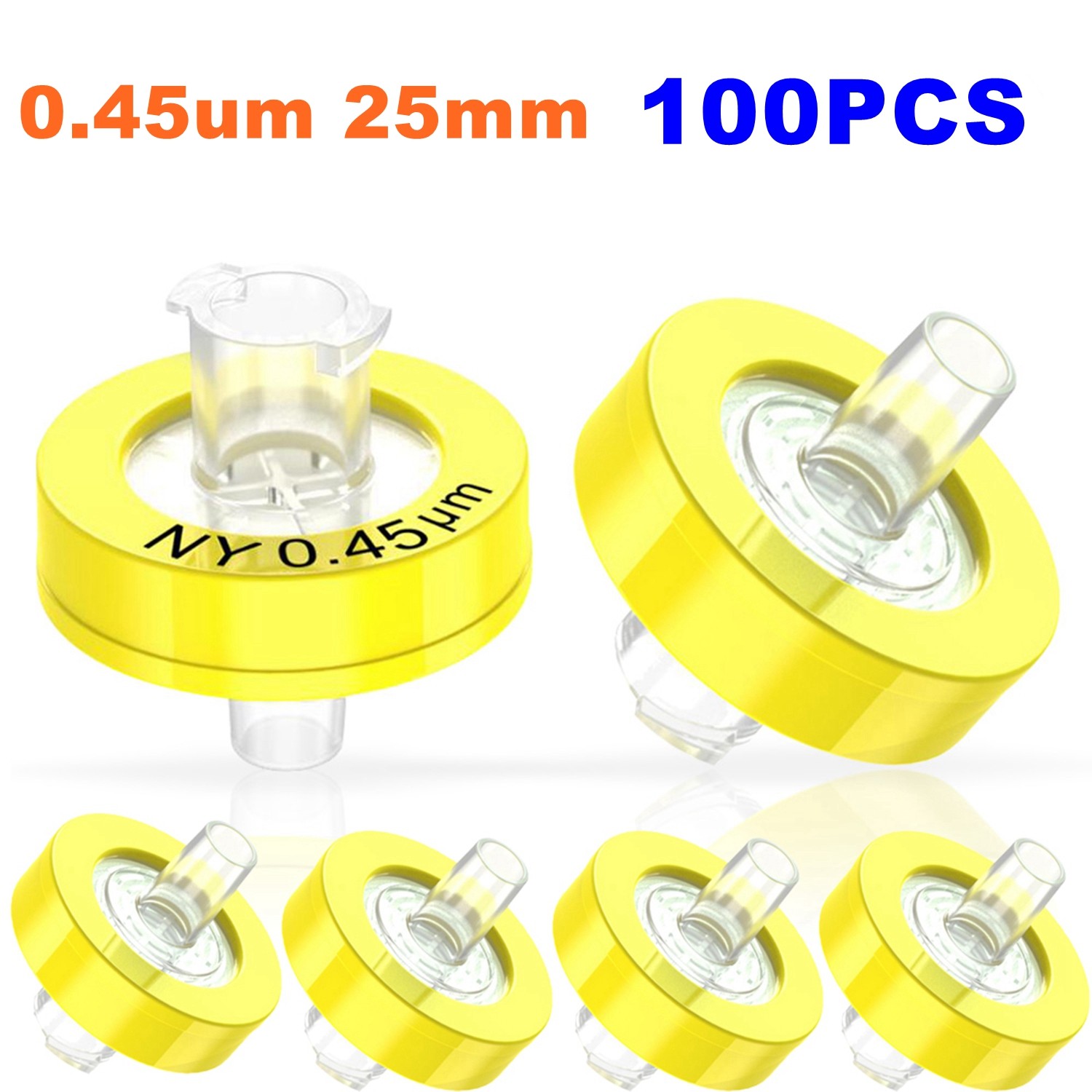 100PC Yellow Wheel NY Nylon Syringe Filter 0.45μm 25mm Hydrophilic Membrane HPLC
