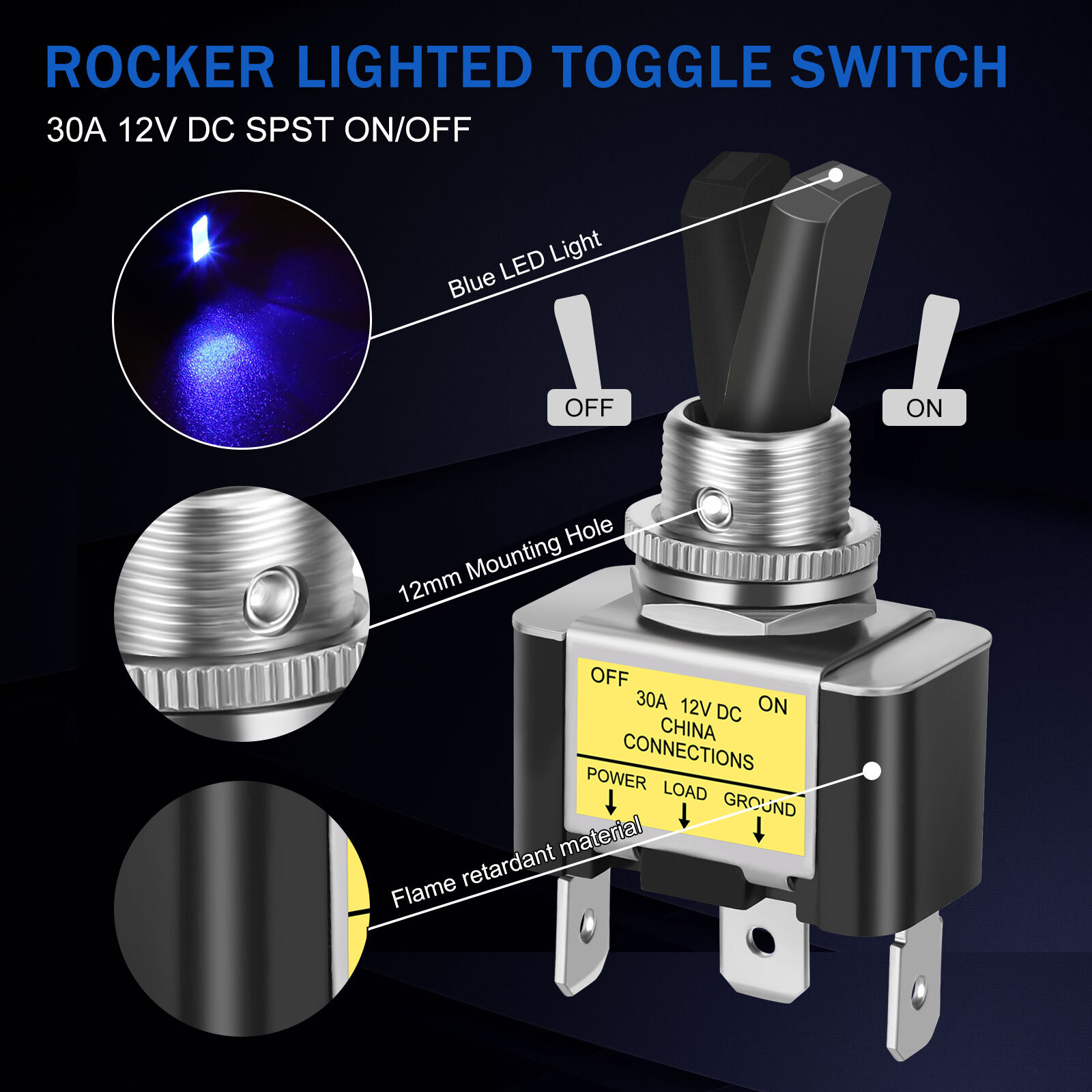 2x Blue LED Light 3Pin Rocker Toggle ON/Off Switch 30A 12V for Car Boat Marine