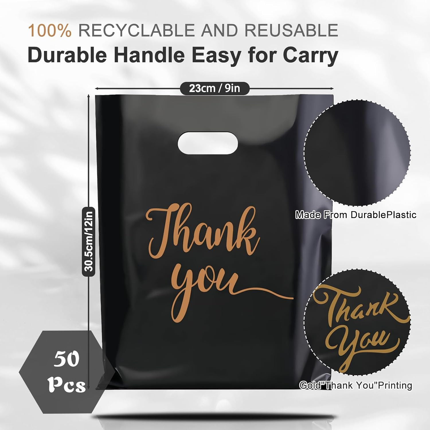 50 Pack Thank You Merchandise Bags, Extra Thick 2.36 Mil Wholesale Bulk Retail S
