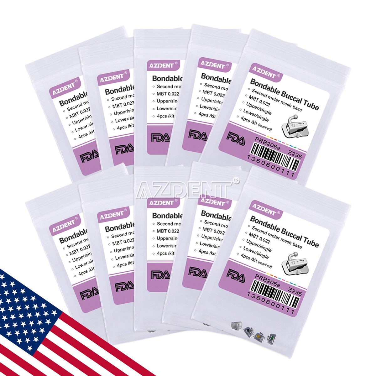 200X AZDENT Dental Orthodontic Buccal Tubes 2nd Molar Non-Conv Bondable MBT.022