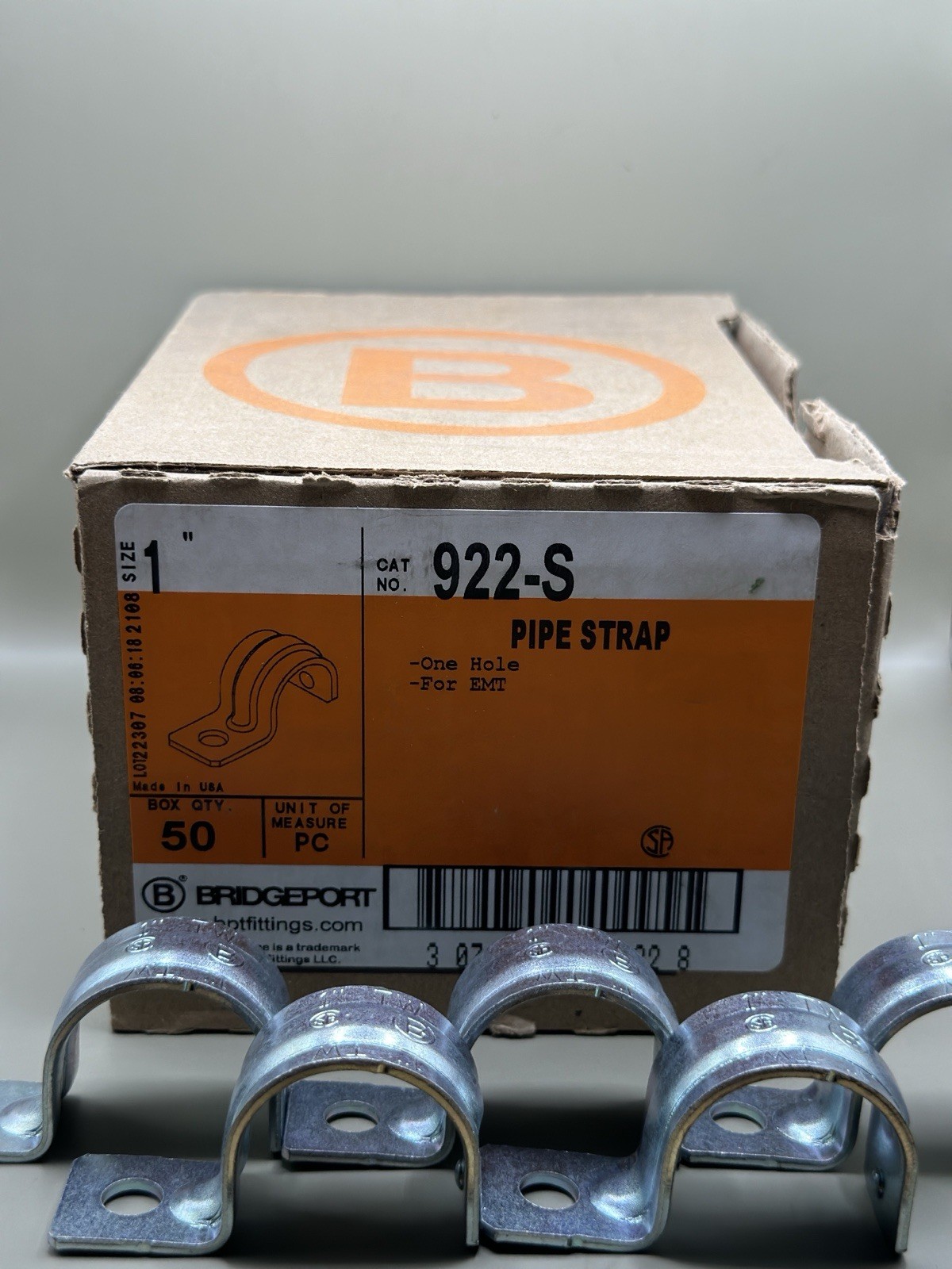 Bridgeport 922‑S 1″ EMT Pipe Strap – Steel One‑Hole – Box of 50 New