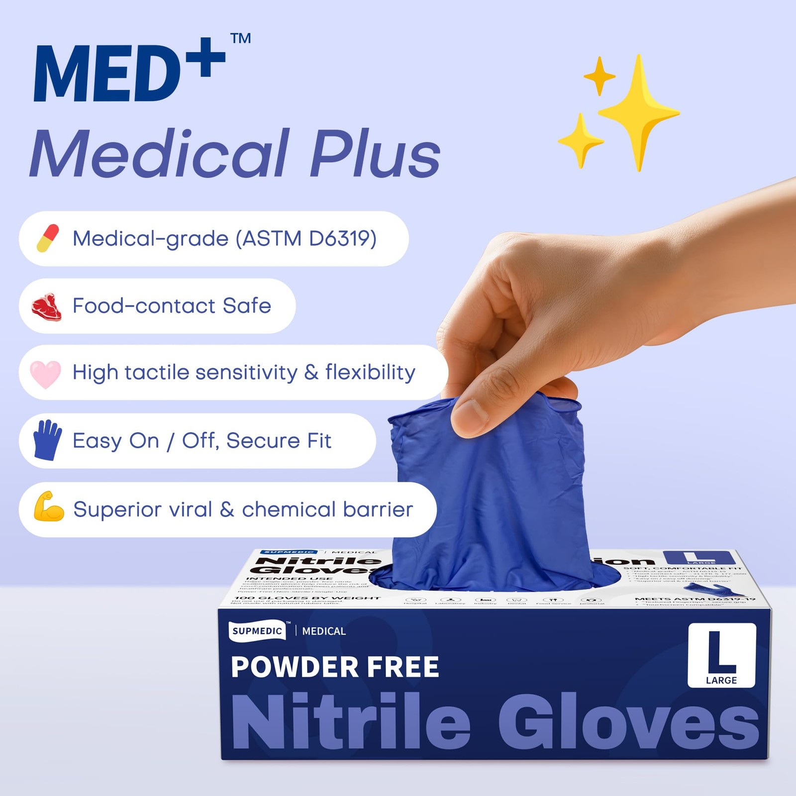 Supmedic Nitrile Exam Gloves, 4 Mil Med+ Medium, Medium (Blue Violet)