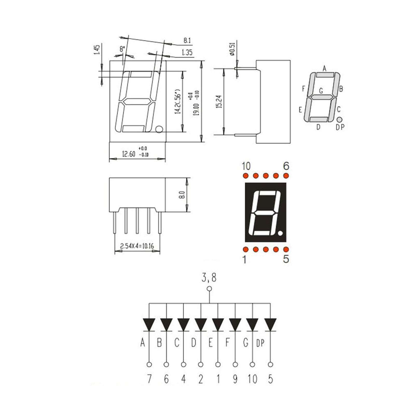 20 x LED Display Digital Tube Common Anode 7 Segment 10Pin 1 Bit 2.1V 0.56″ Red