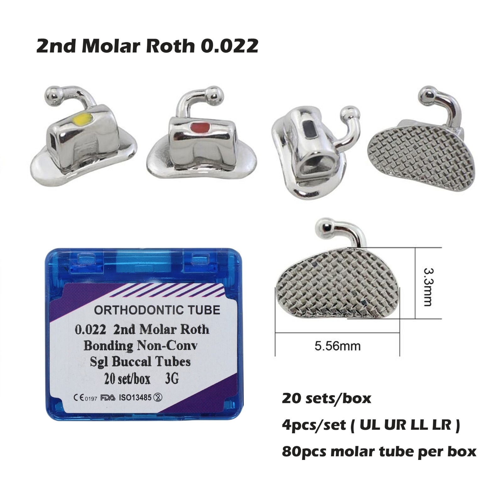 20 Sets Dental Orthodontic Buccal Tube 1st 2nd Molar Roth MBT 022 Bondable 3G