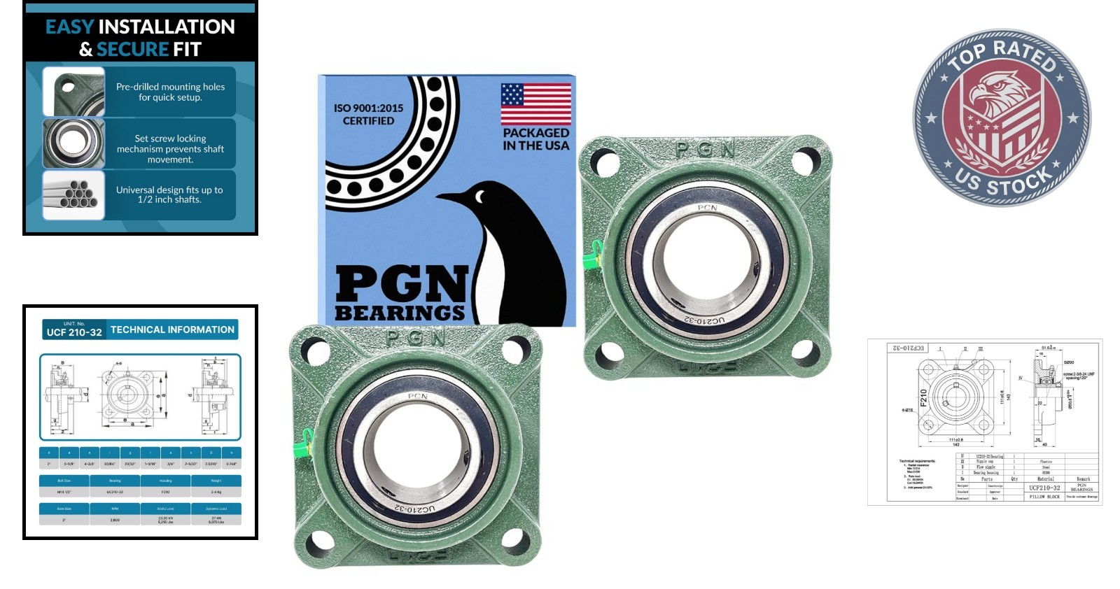 Heavy-Duty Uc210-32 Square Flange Bearings – 2 Inch Bore, Certified
