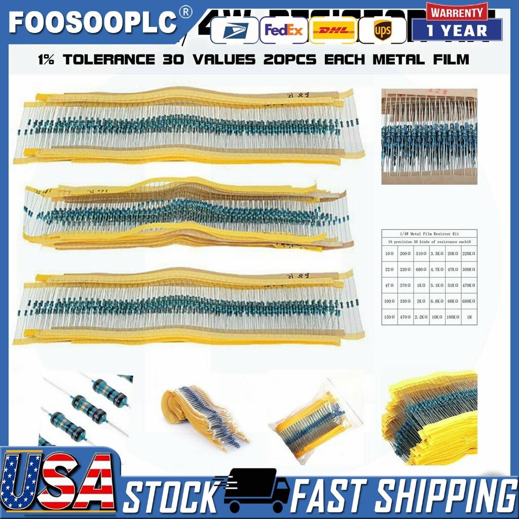 600pcs 30 Values 1/4W Metal Film Resistors Resistance Assortment Kit Set 1% USA
