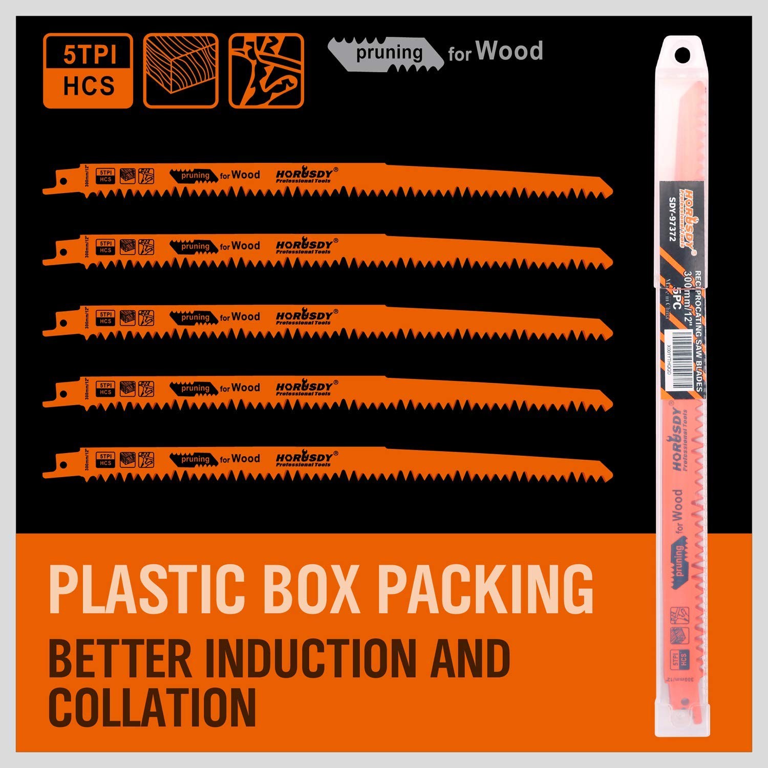 5-Pack 12-Inch Wood Pruning Reciprocating Saw Blades, 5TPI HCS Carbon Orange