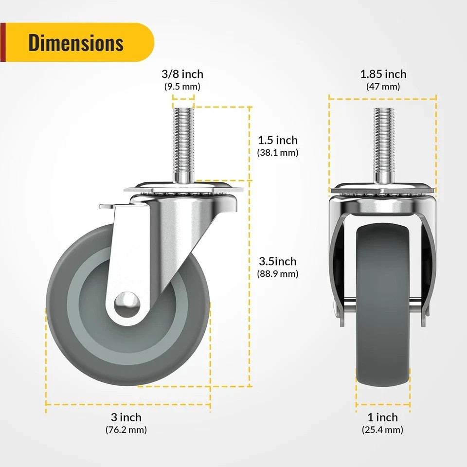 3 Inch Caster Wheels Threaded Stem Casters Set of 4 Heavy Duty Swivel Wheel