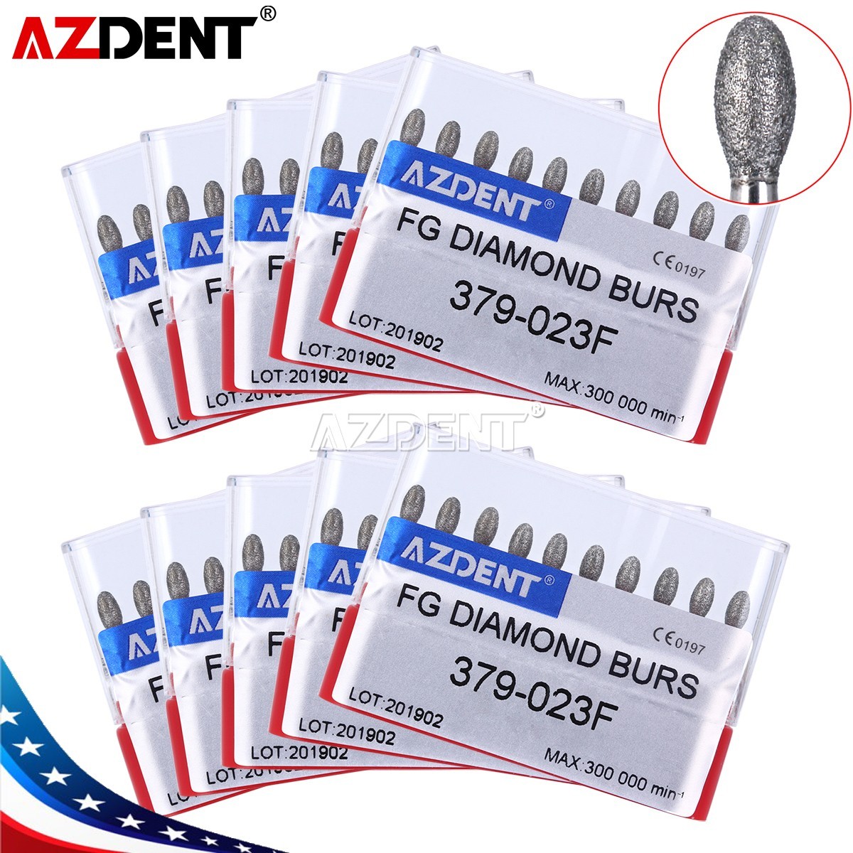 10 Pack Denal Diamond Burs 379-023F Fine Football FG for High Speed Handpiece