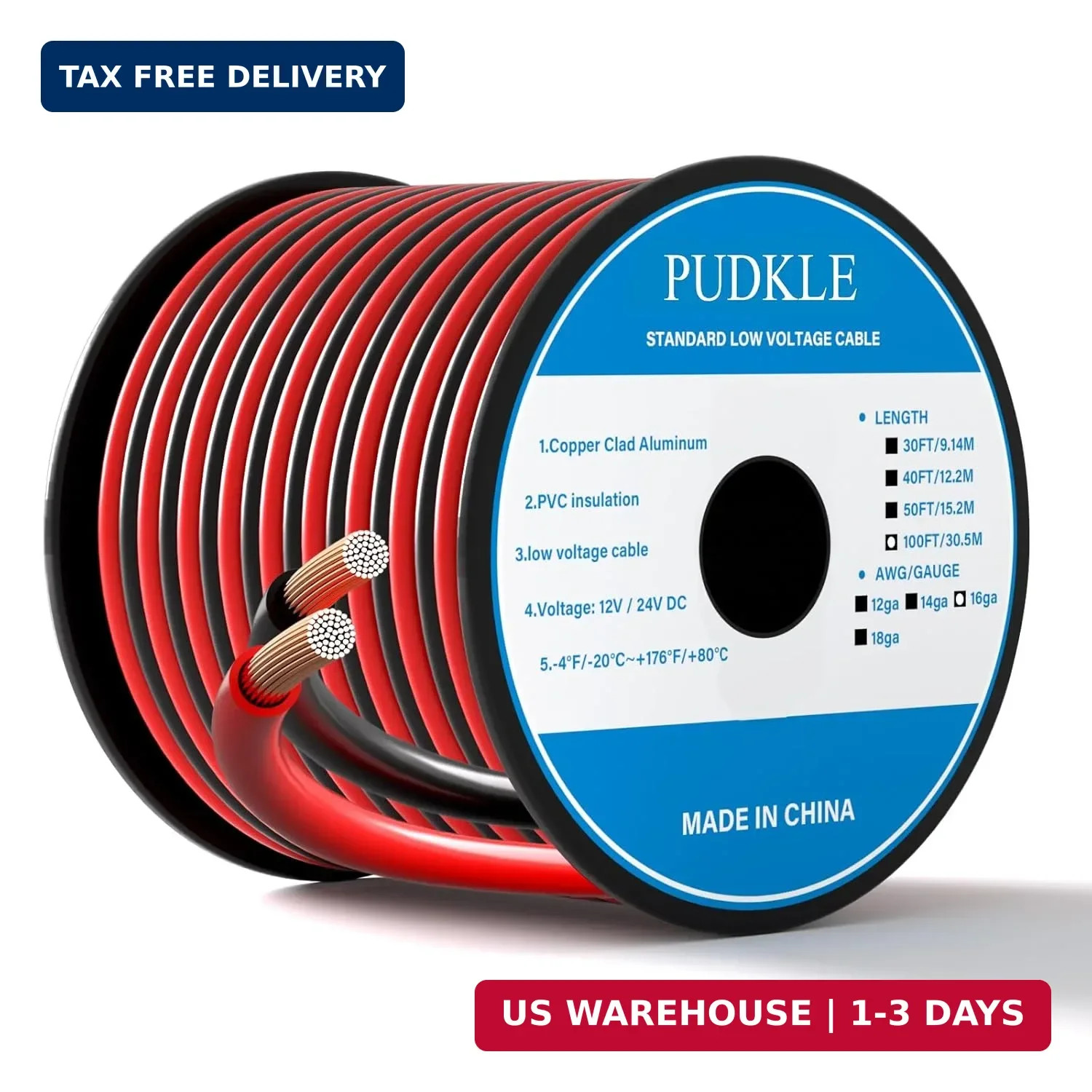 16 Gauge/16 AWG Copper Clad Aluminum 2 Conductor Red Black Electrical Wire 100FT