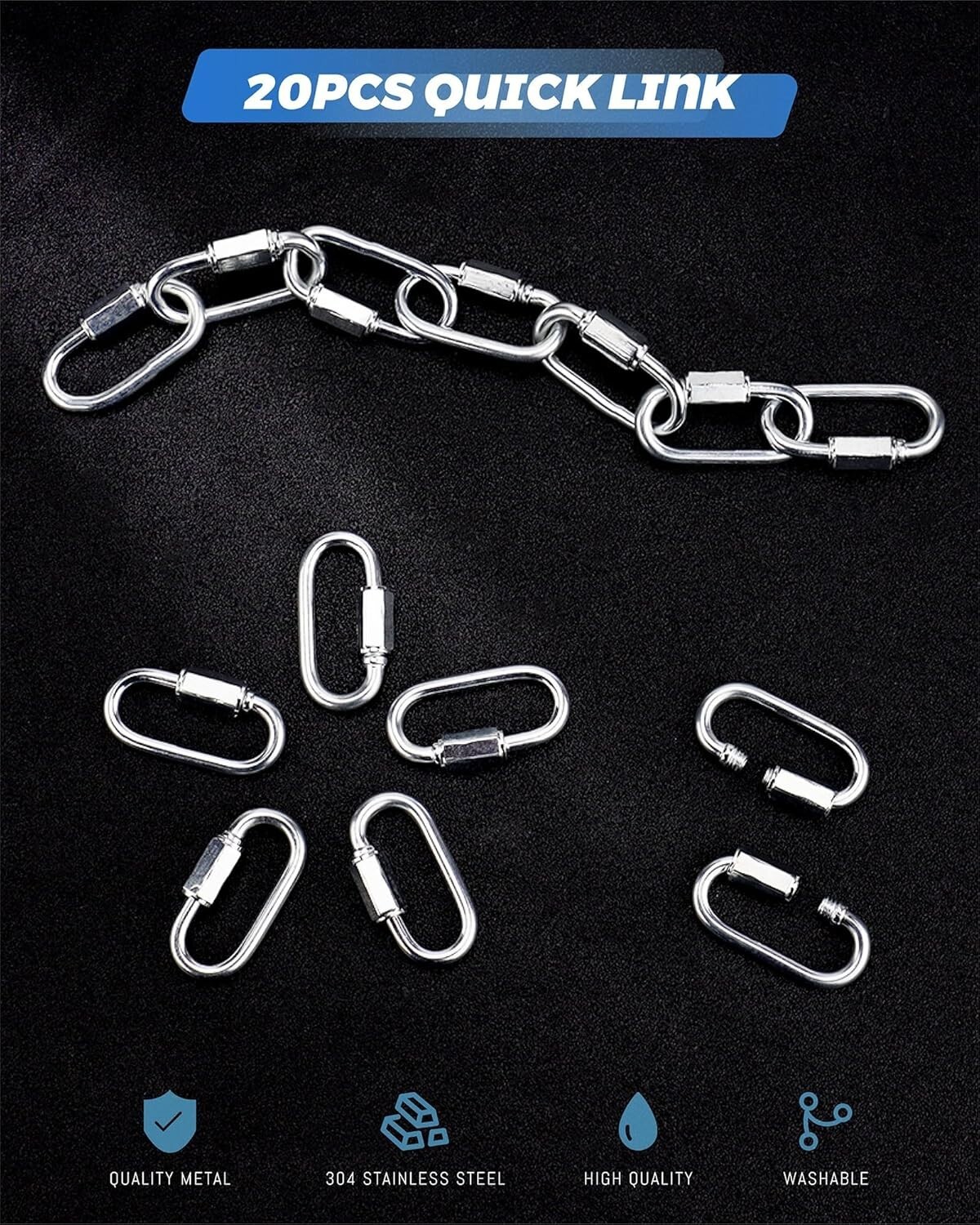5/20 Pack 304 Stainless Steel M3.5 Chain Link 1/8 Inch D Shape Locking Quick New