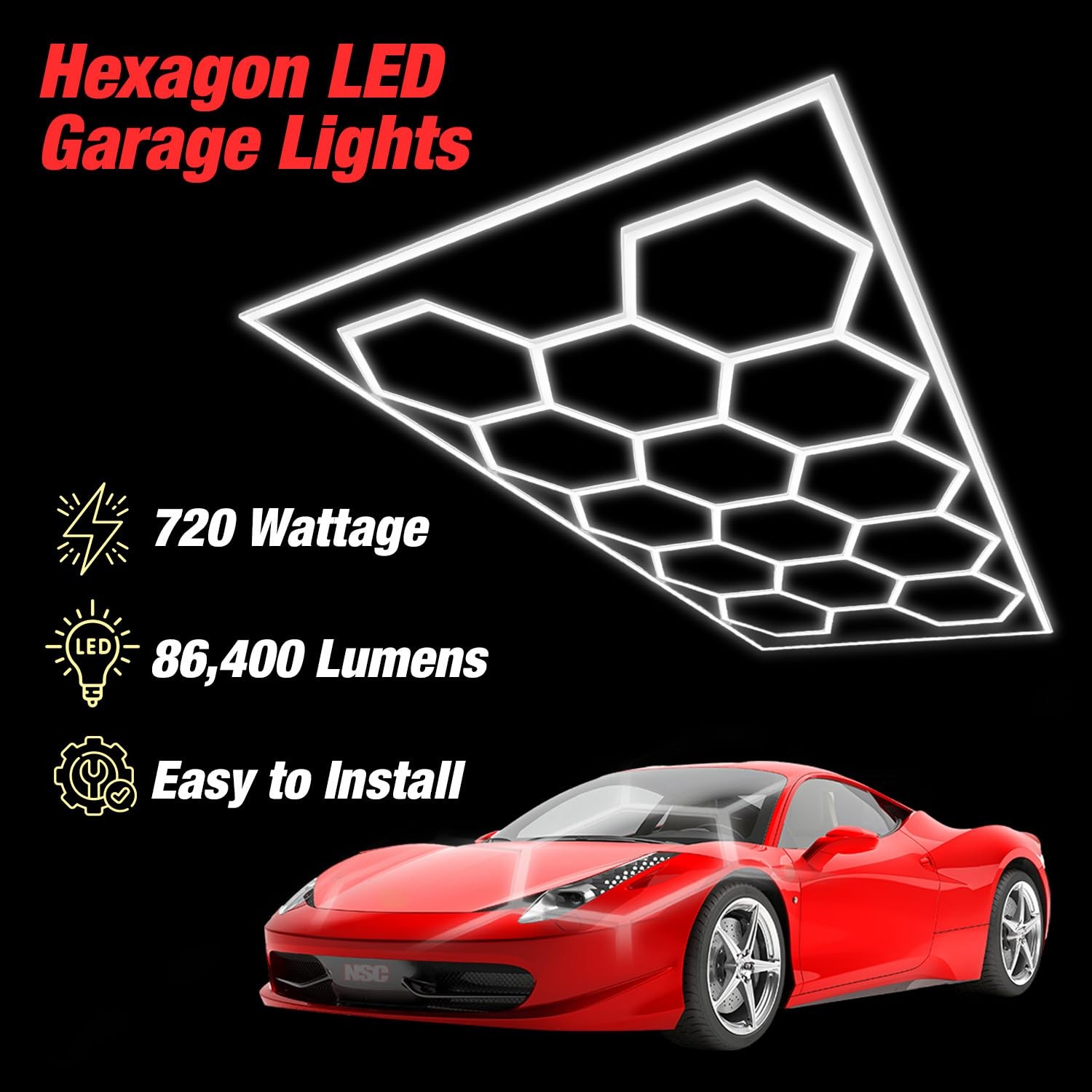 LAUCO Hexagon LED Garage Ceiling Light, 720W 86,400 Lumens, 6500K Daylight