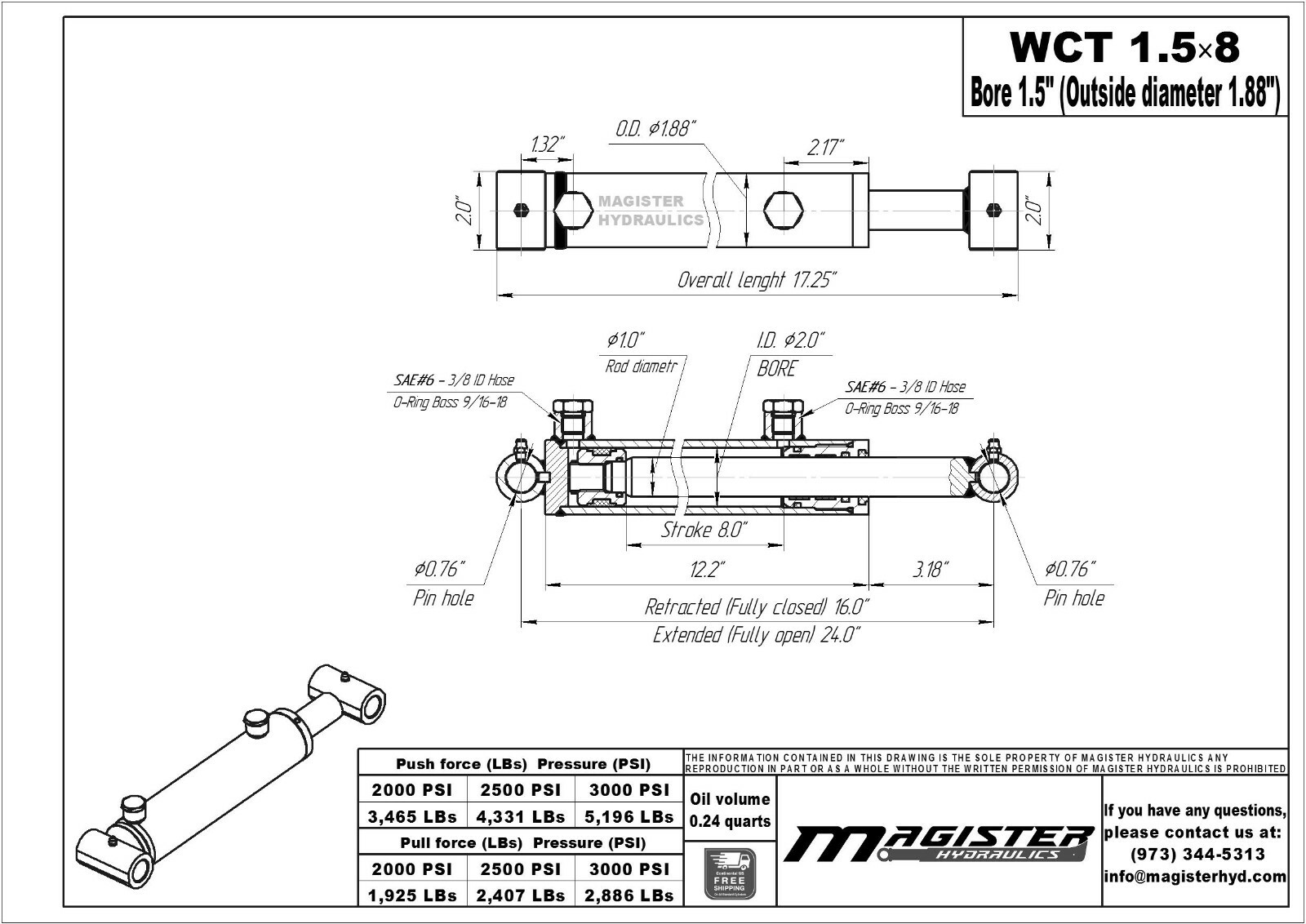 Hydraulic Cylinder Welded Double Acting 1.5″ Bore 8″ Stroke Cross Tube End 1.5×8