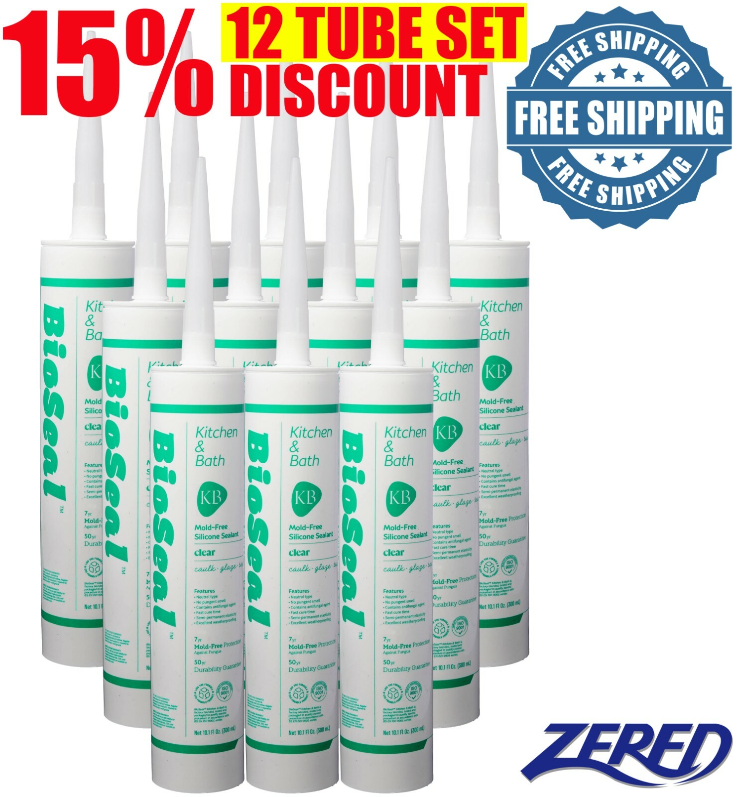 LOT 12-Tubes BioSeal Silicone Caulk Sealant- Kitchen & Bath Grade CLEAR