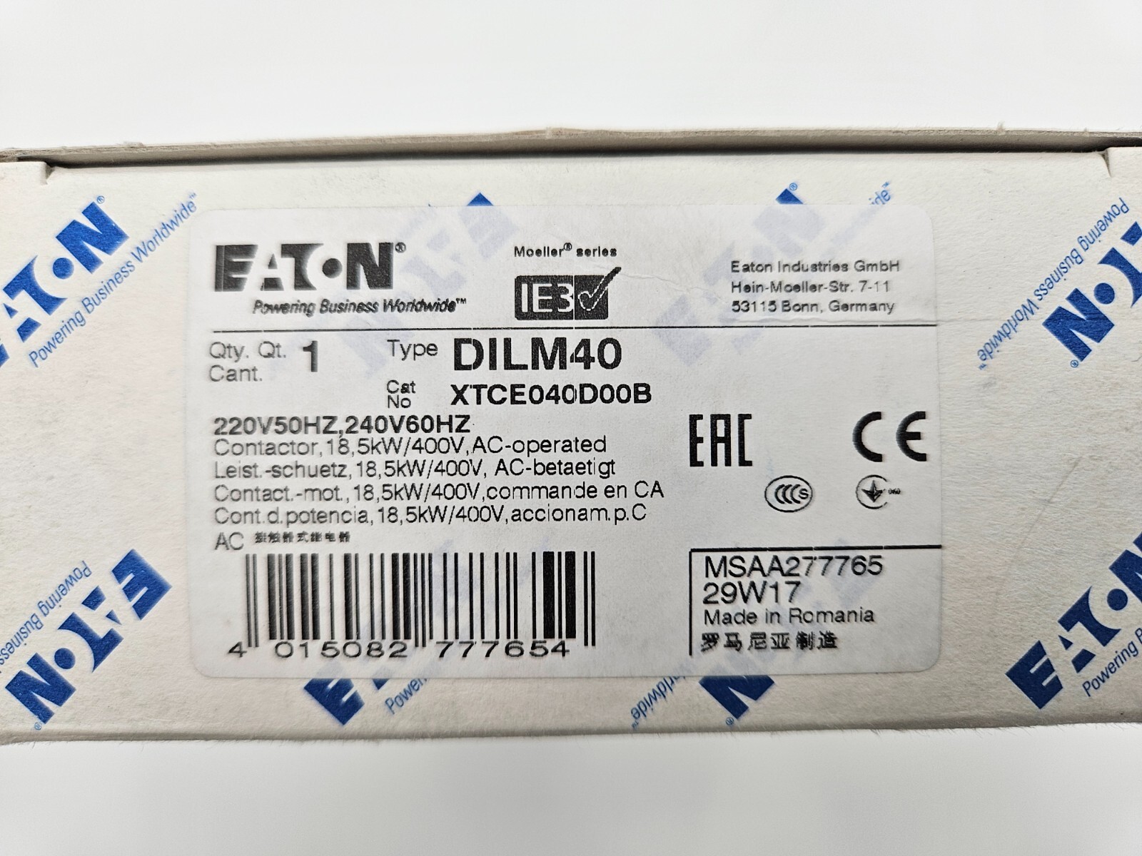 Eaton DILM40 Contactor 40A 3-Pole 230-240V AC Coil New In Box